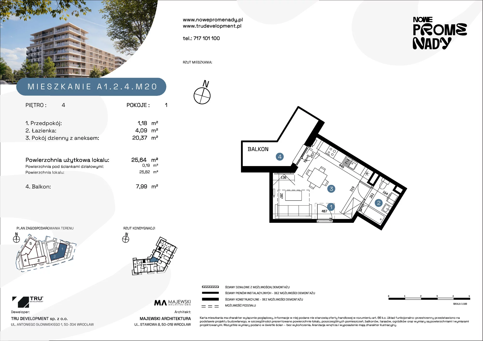 Mieszkanie 25,64 m², piętro 4, oferta nr A1.2.4.M20, Nowe Promenady, Wrocław, Kleczków, Psie Pole, ul. Czesława Miłosza