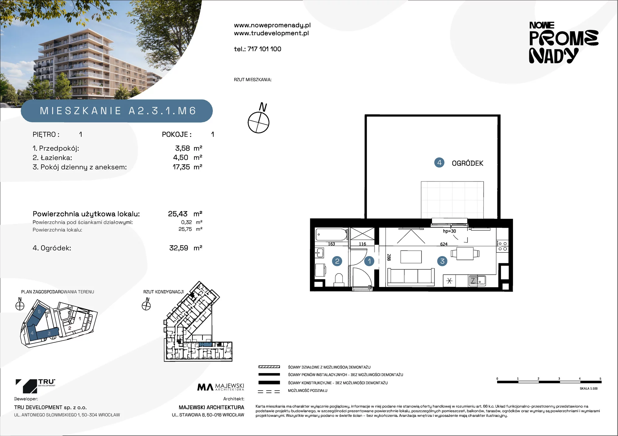 Mieszkanie 25,43 m², piętro 1, oferta nr A2.3.1.M6, Nowe Promenady, Wrocław, Kleczków, Psie Pole, ul. Czesława Miłosza