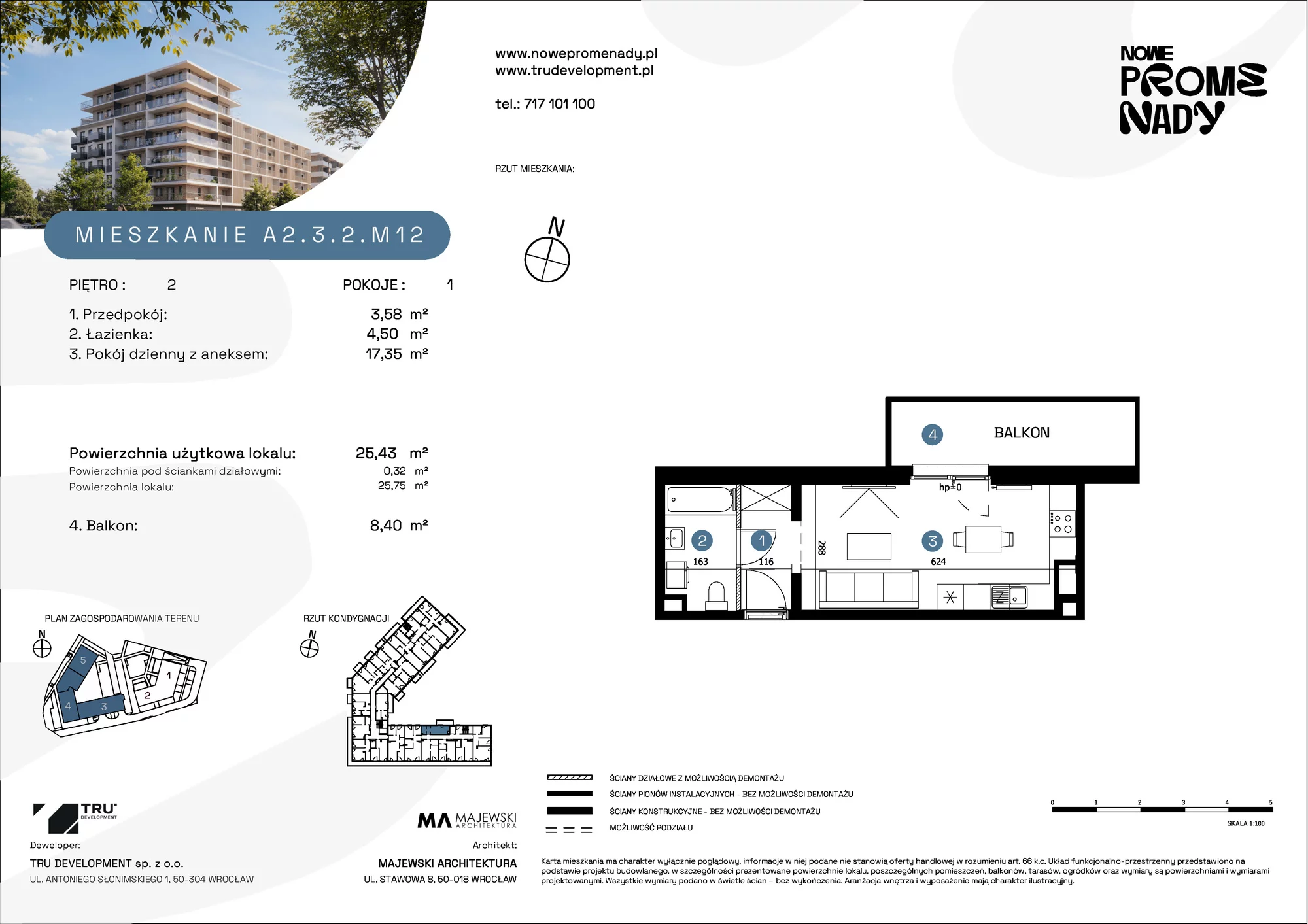 Mieszkanie 25,43 m², piętro 2, oferta nr A2.3.2.M12, Nowe Promenady, Wrocław, Kleczków, Psie Pole, ul. Czesława Miłosza