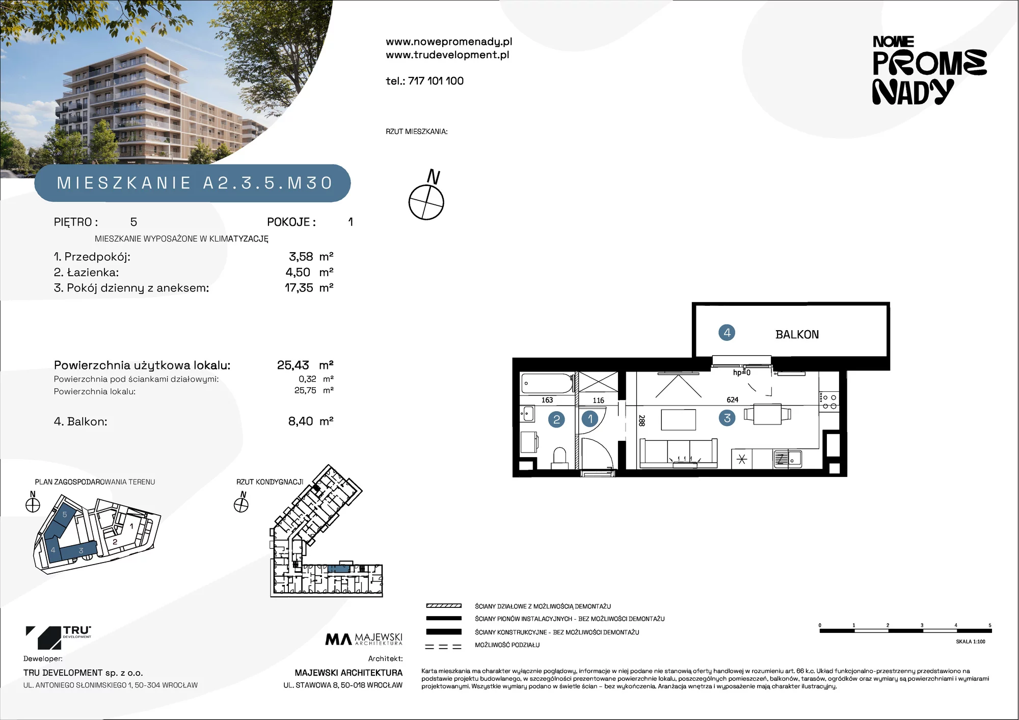 Mieszkanie 25,43 m², piętro 5, oferta nr A2.3.5.M30, Nowe Promenady, Wrocław, Kleczków, Psie Pole, ul. Czesława Miłosza