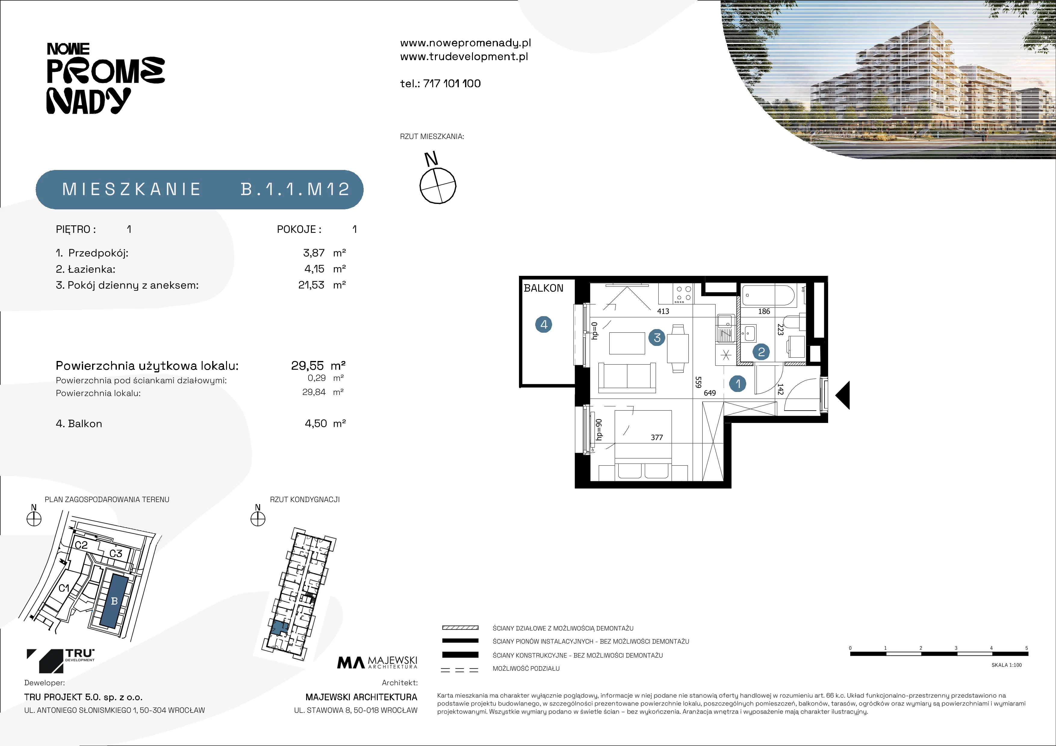 1 pokój, mieszkanie 29,55 m², piętro 1, oferta nr B.1.1.M12, Nowe Promenady 2, Wrocław, Kleczków, Psie Pole, ul. Czesława Miłosza/Jana Czochralskiego