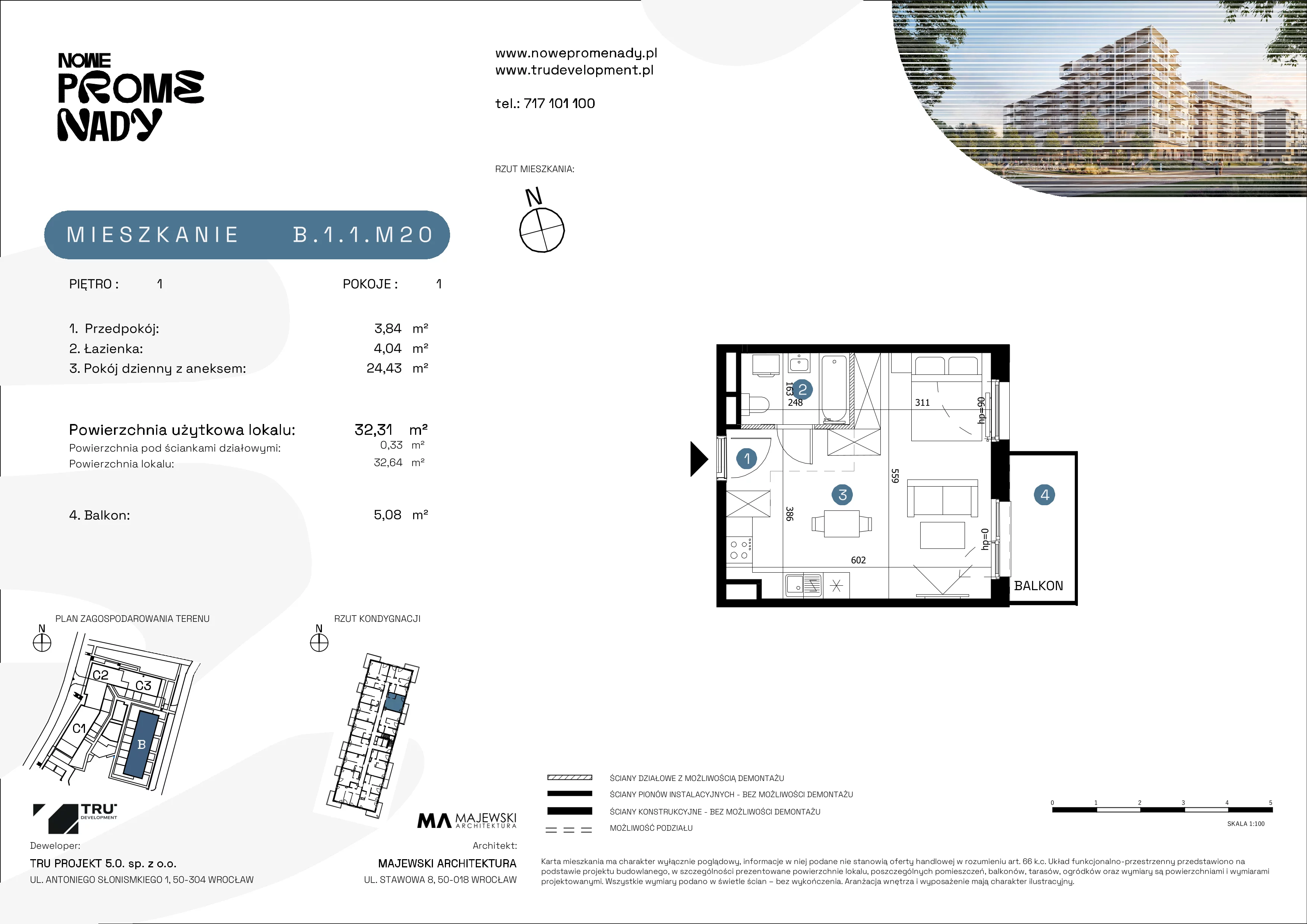 1 pokój, apartament 32,31 m², piętro 1, oferta nr B.1.1.M20, Nowe Promenady 2, Wrocław, Kleczków, Psie Pole, ul. Czesława Miłosza/Jana Czochralskiego