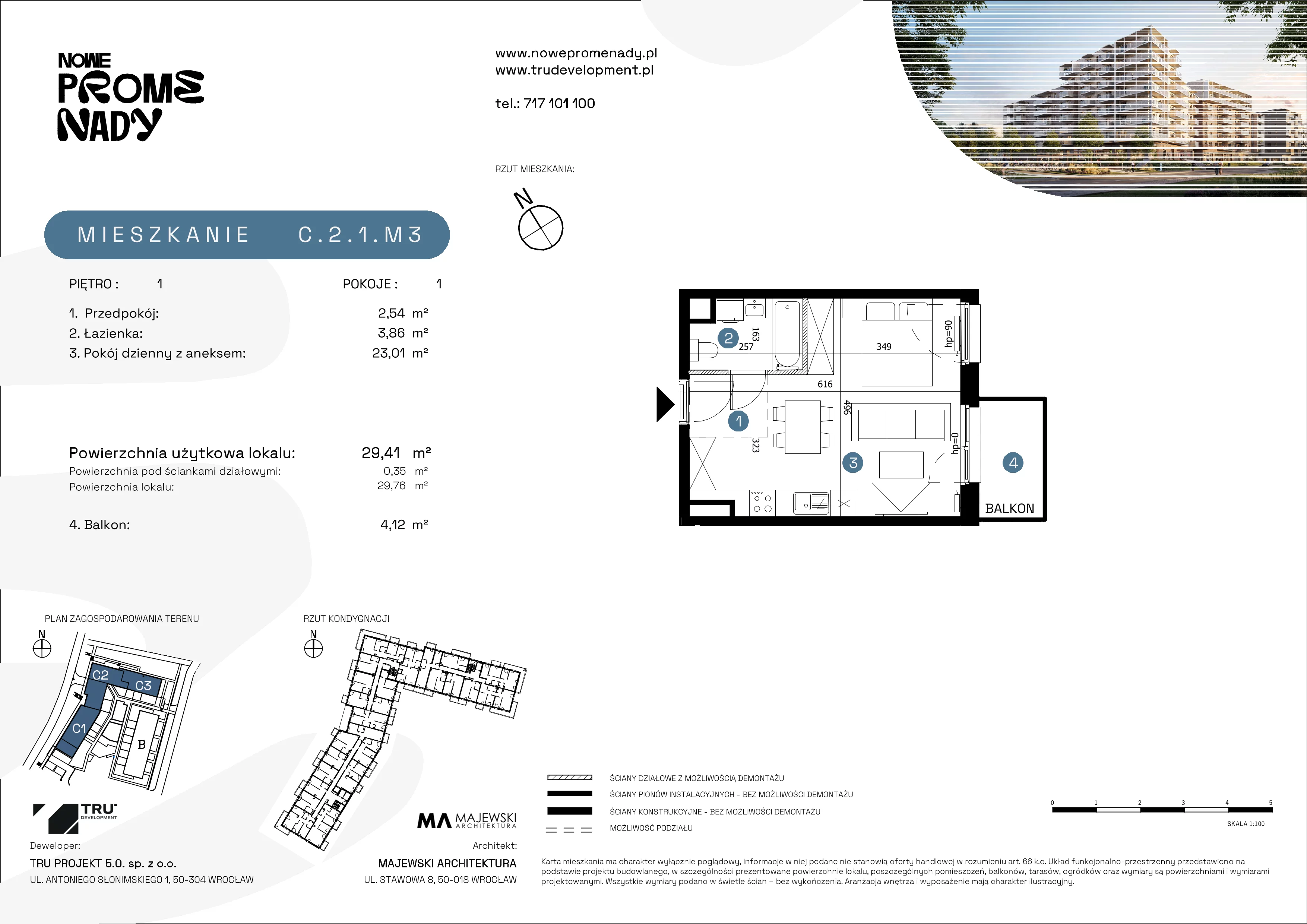 1 pokój, mieszkanie 29,41 m², piętro 1, oferta nr C.2.1.M3, Nowe Promenady 2, Wrocław, Kleczków, Psie Pole, ul. Czesława Miłosza/Jana Czochralskiego