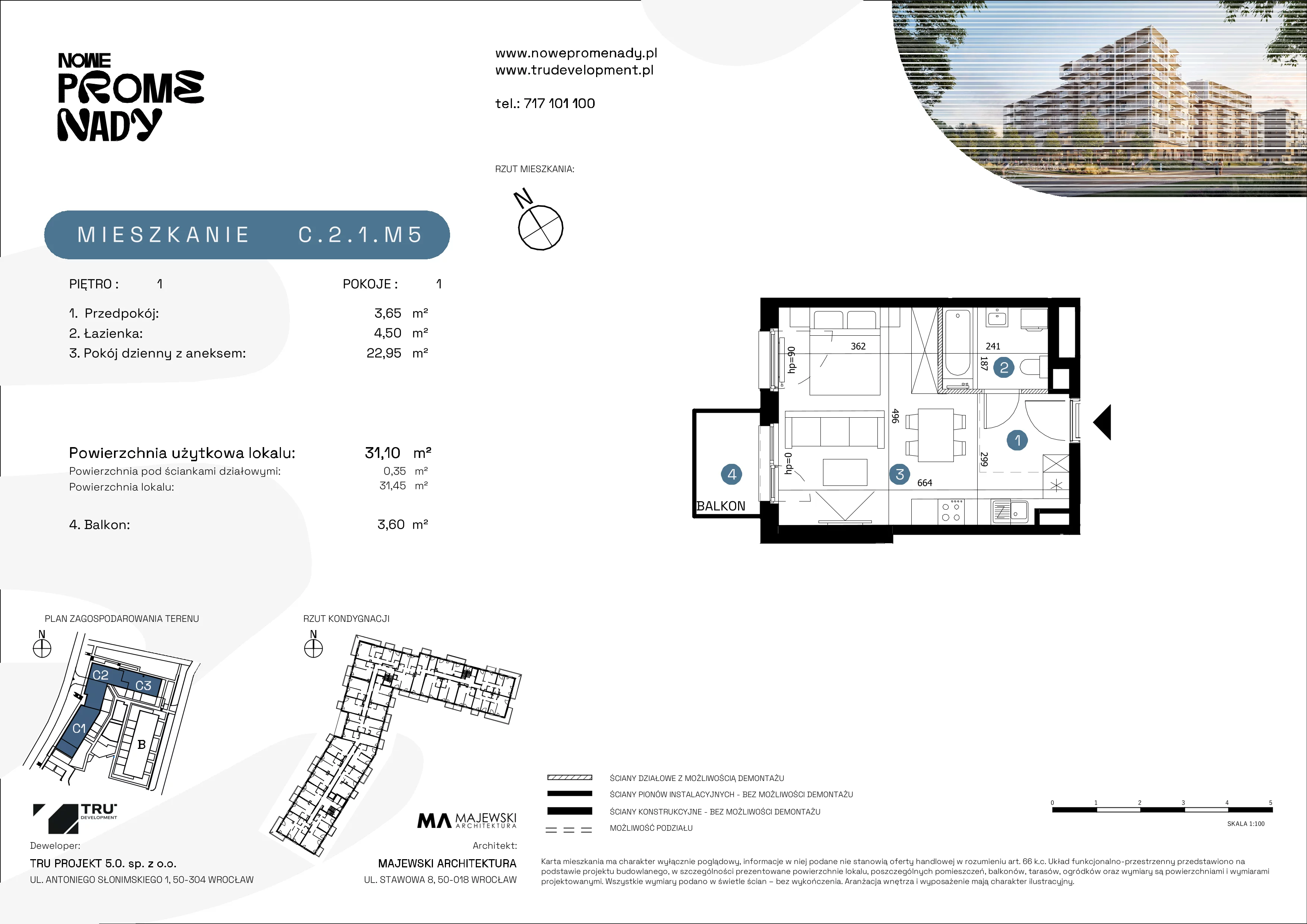 1 pokój, mieszkanie 31,10 m², piętro 1, oferta nr C.2.1.M5, Nowe Promenady 2, Wrocław, Kleczków, Psie Pole, ul. Czesława Miłosza/Jana Czochralskiego