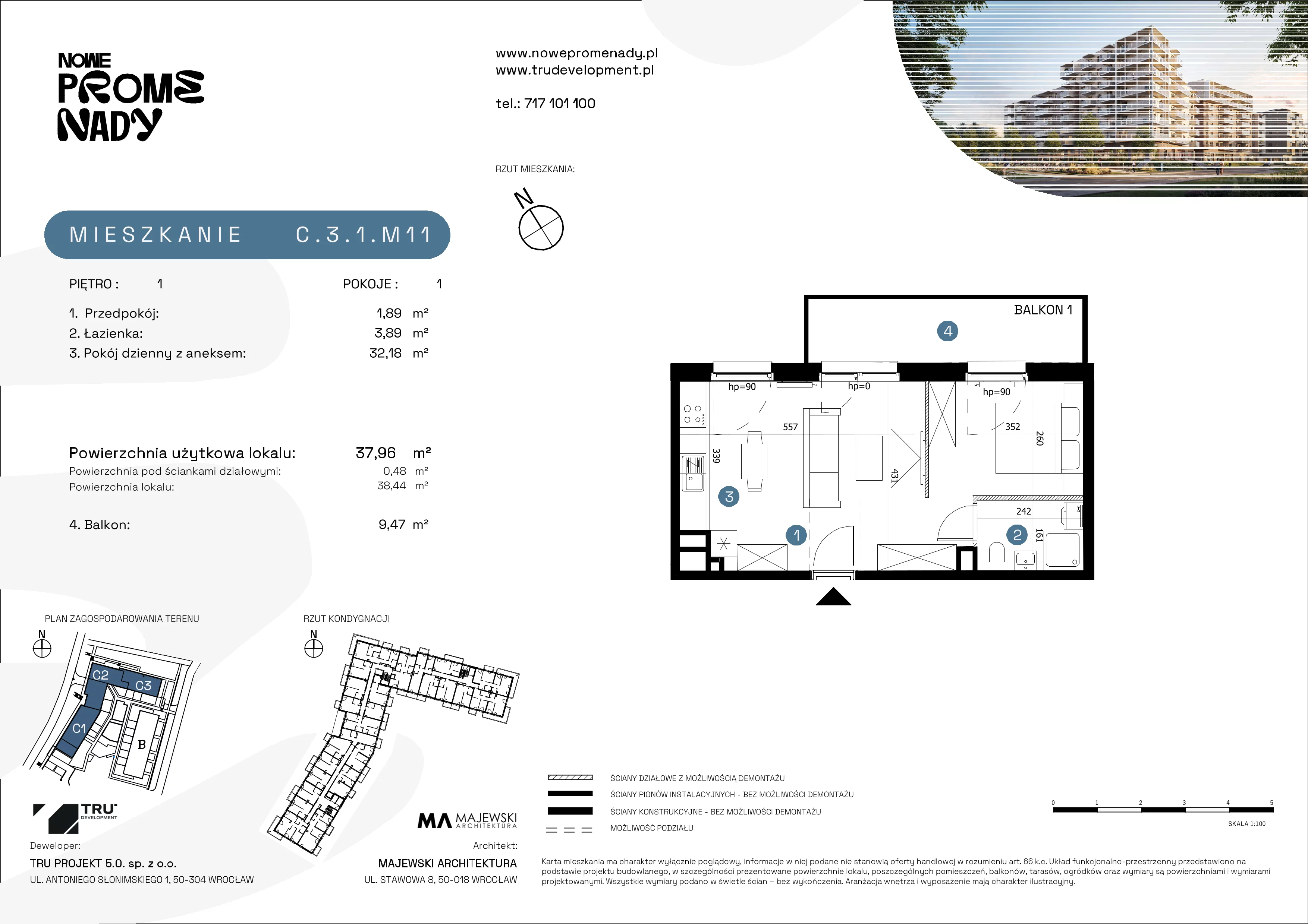 1 pokój, apartament 37,96 m², piętro 1, oferta nr C.3.1.M11, Nowe Promenady 2, Wrocław, Kleczków, Psie Pole, ul. Czesława Miłosza/Jana Czochralskiego