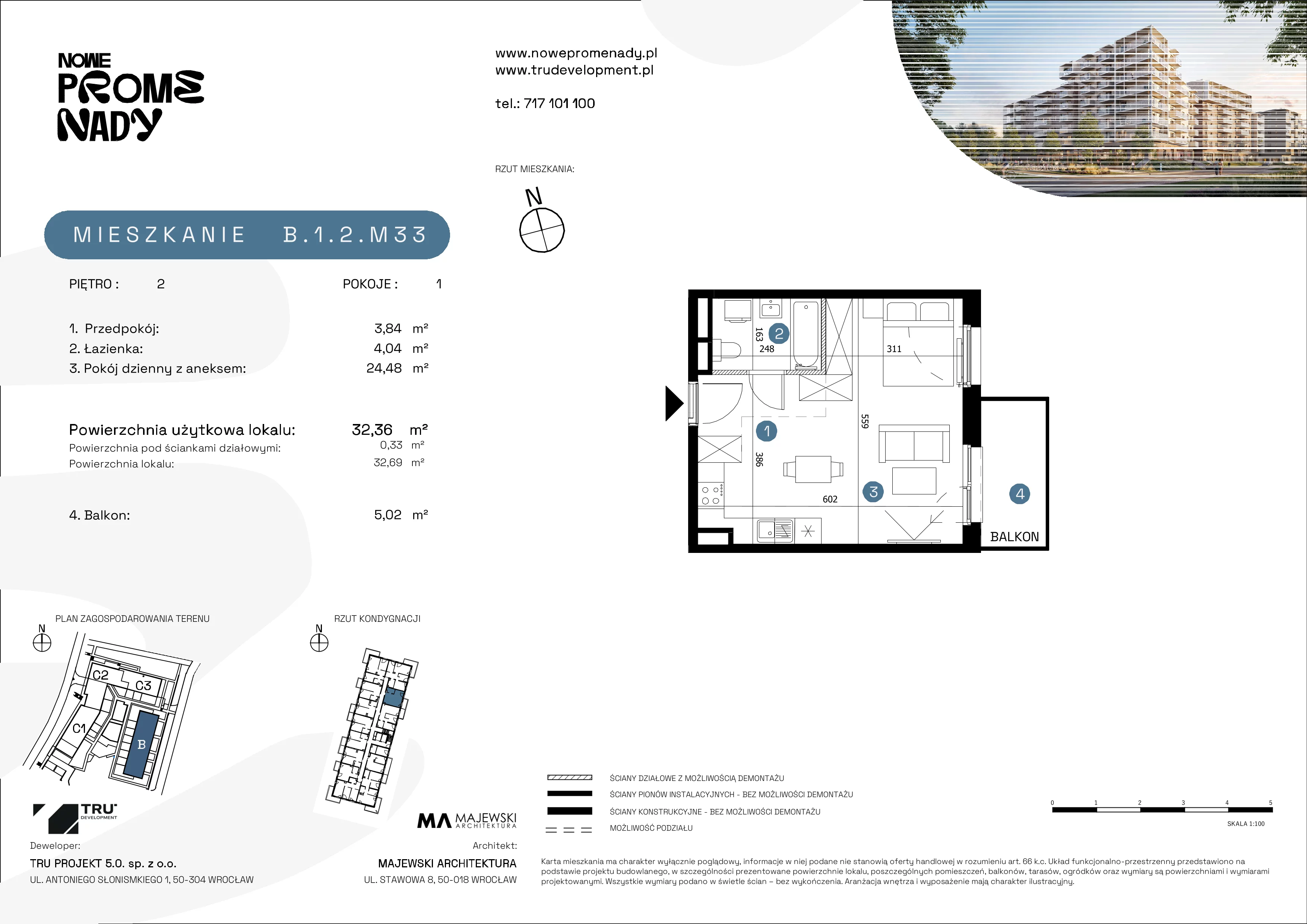1 pokój, mieszkanie 32,36 m², piętro 2, oferta nr B.1.2.M33, Nowe Promenady 2, Wrocław, Kleczków, Psie Pole, ul. Czesława Miłosza/Jana Czochralskiego