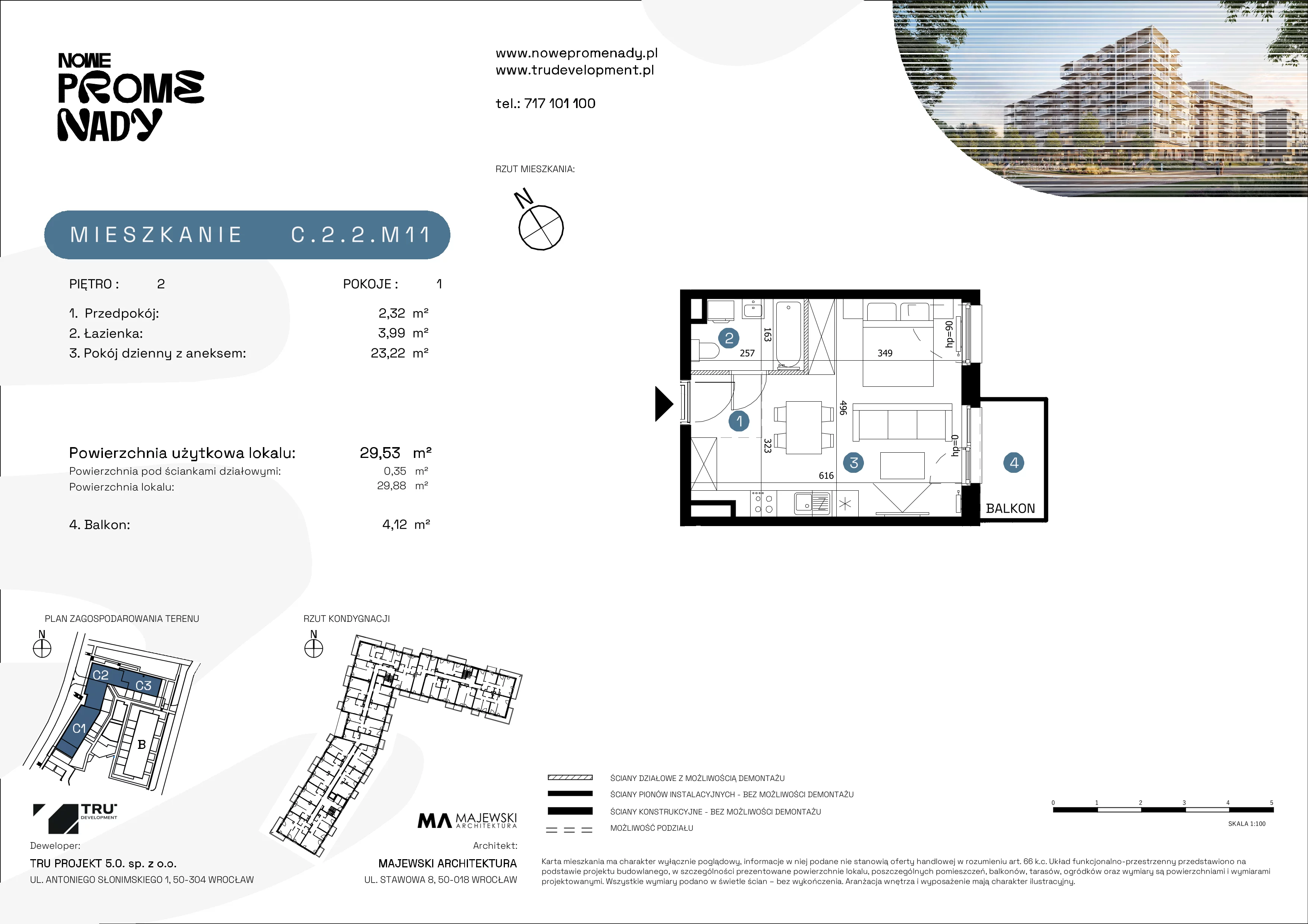 1 pokój, mieszkanie 29,53 m², piętro 2, oferta nr C.2.2.M11, Nowe Promenady 2, Wrocław, Kleczków, Psie Pole, ul. Czesława Miłosza/Jana Czochralskiego