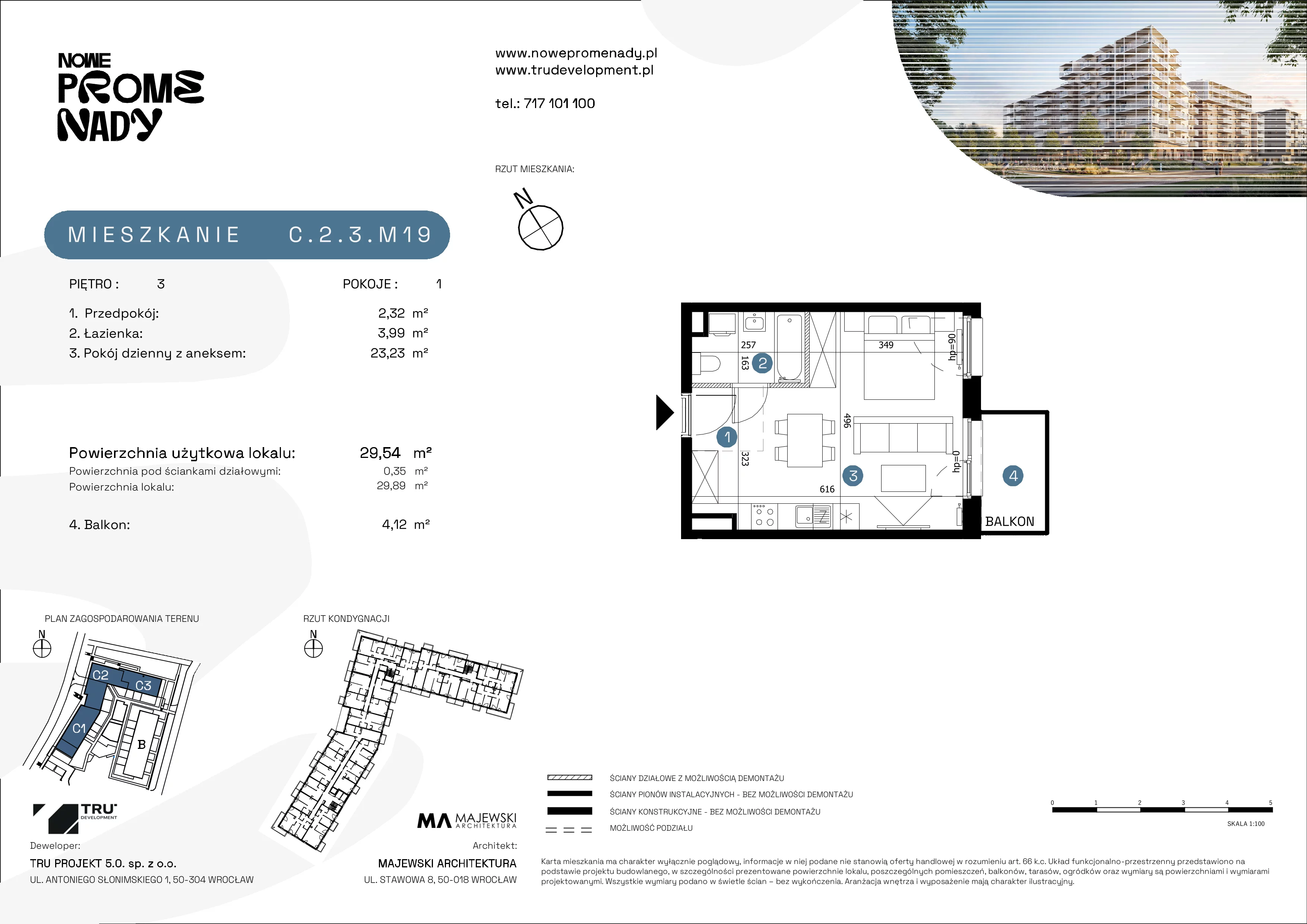 1 pokój, mieszkanie 29,54 m², piętro 3, oferta nr C.2.3.M19, Nowe Promenady 2, Wrocław, Kleczków, Psie Pole, ul. Czesława Miłosza/Jana Czochralskiego