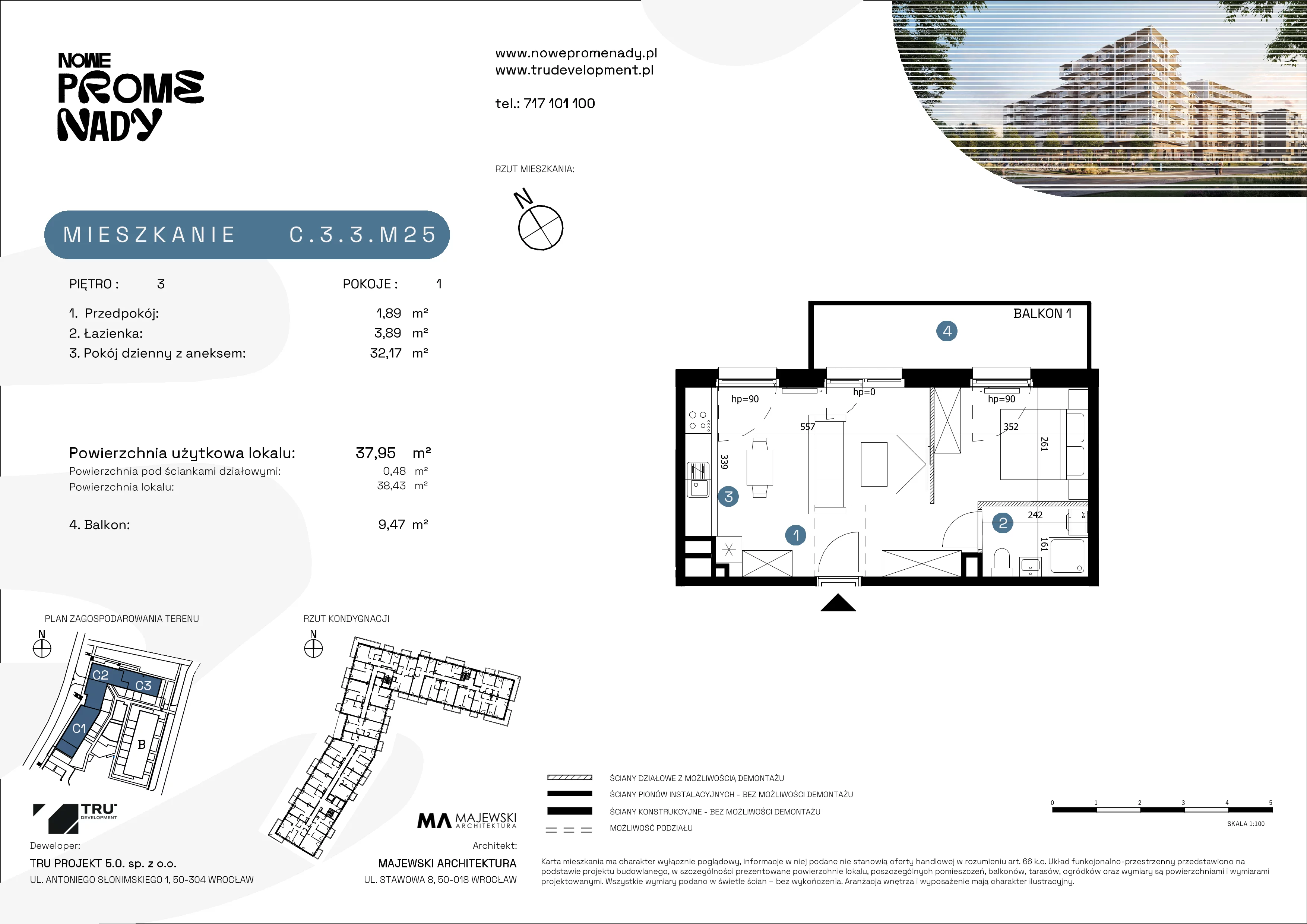 1 pokój, mieszkanie 37,95 m², piętro 3, oferta nr C.3.3.M25, Nowe Promenady 2, Wrocław, Kleczków, Psie Pole, ul. Czesława Miłosza/Jana Czochralskiego