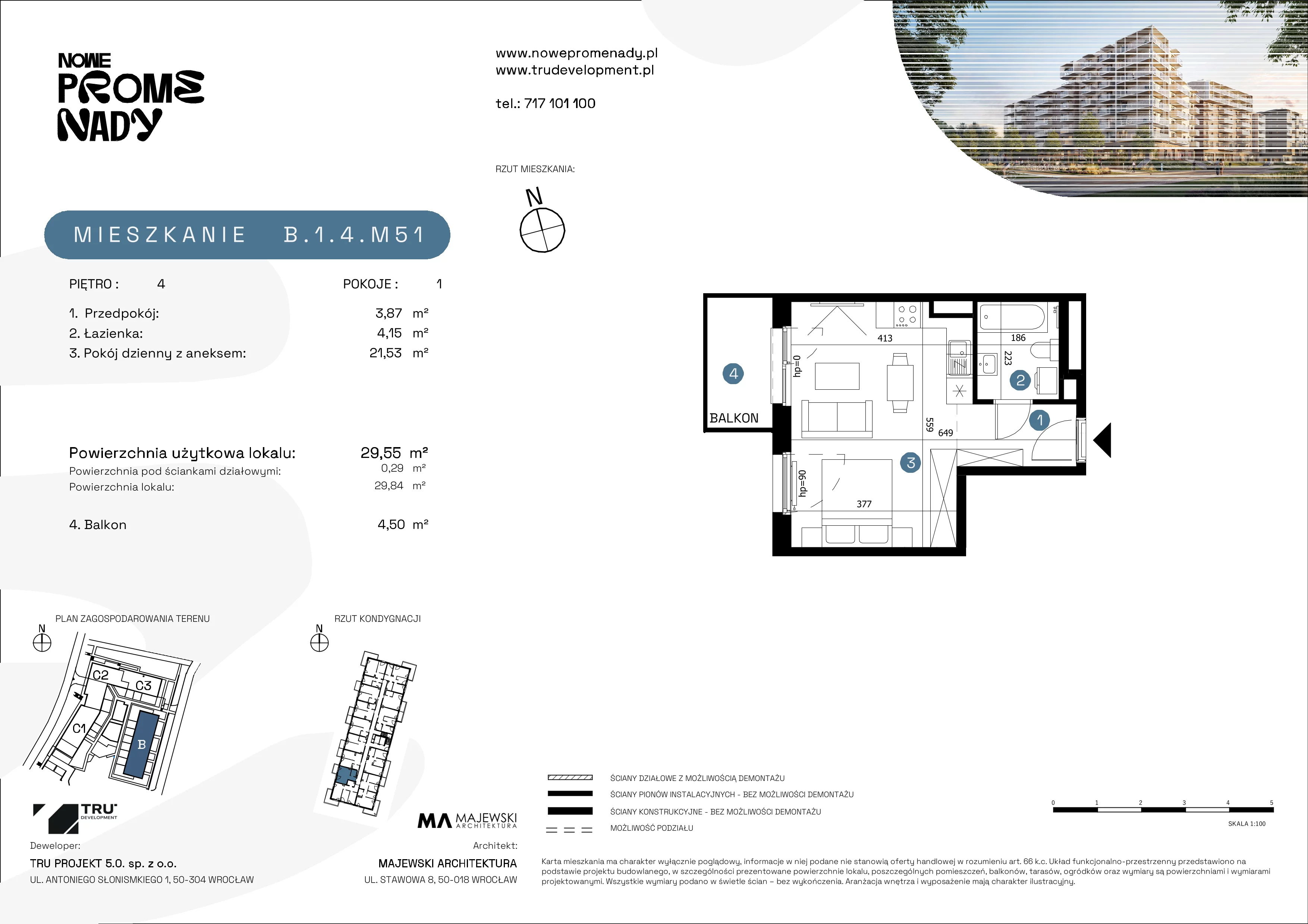 1 pokój, mieszkanie 29,55 m², piętro 4, oferta nr B.1.4.M51, Nowe Promenady 2, Wrocław, Kleczków, Psie Pole, ul. Czesława Miłosza/Jana Czochralskiego