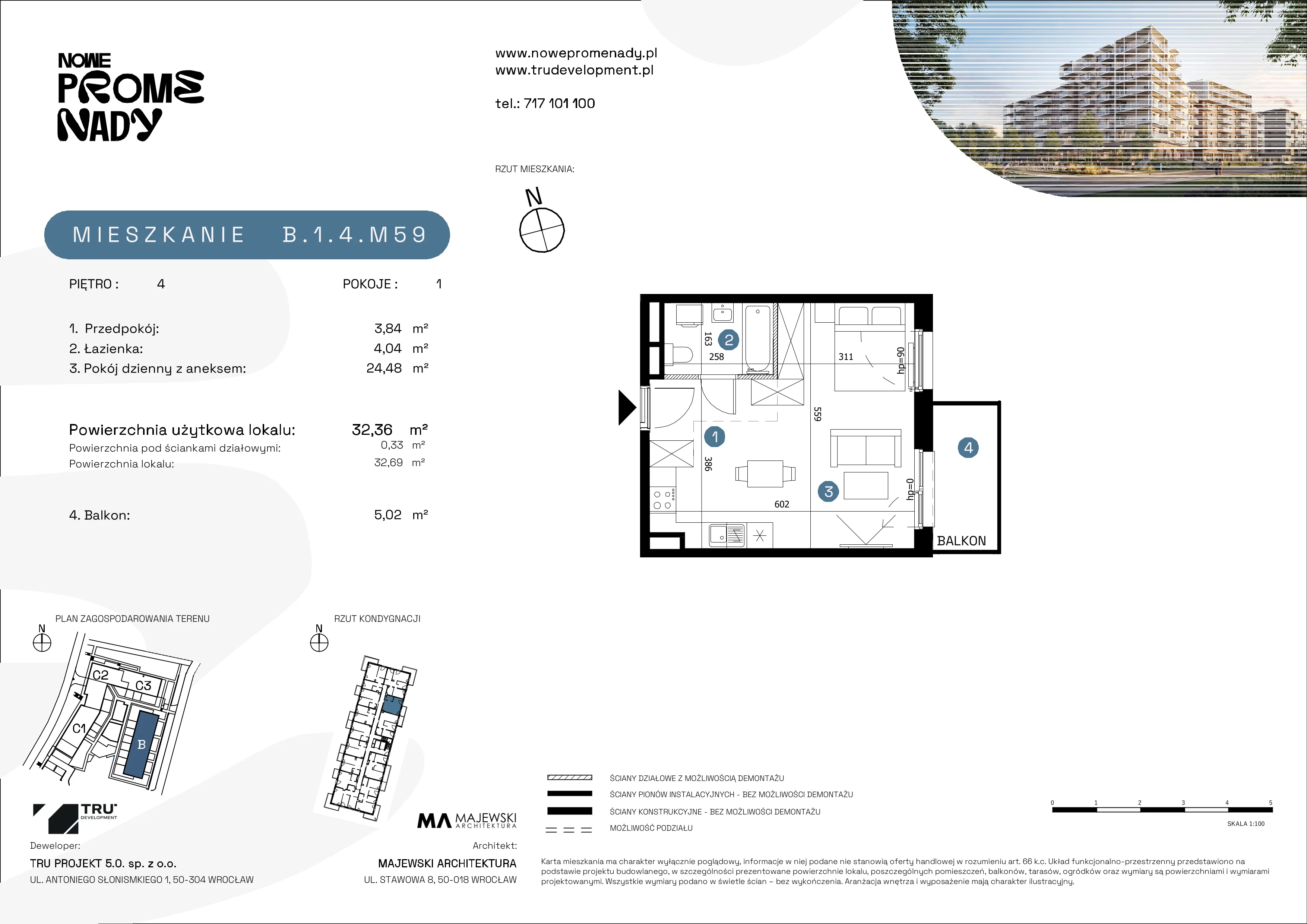1 pokój, mieszkanie 32,36 m², piętro 4, oferta nr B.1.4.M59, Nowe Promenady 2, Wrocław, Kleczków, Psie Pole, ul. Czesława Miłosza/Jana Czochralskiego