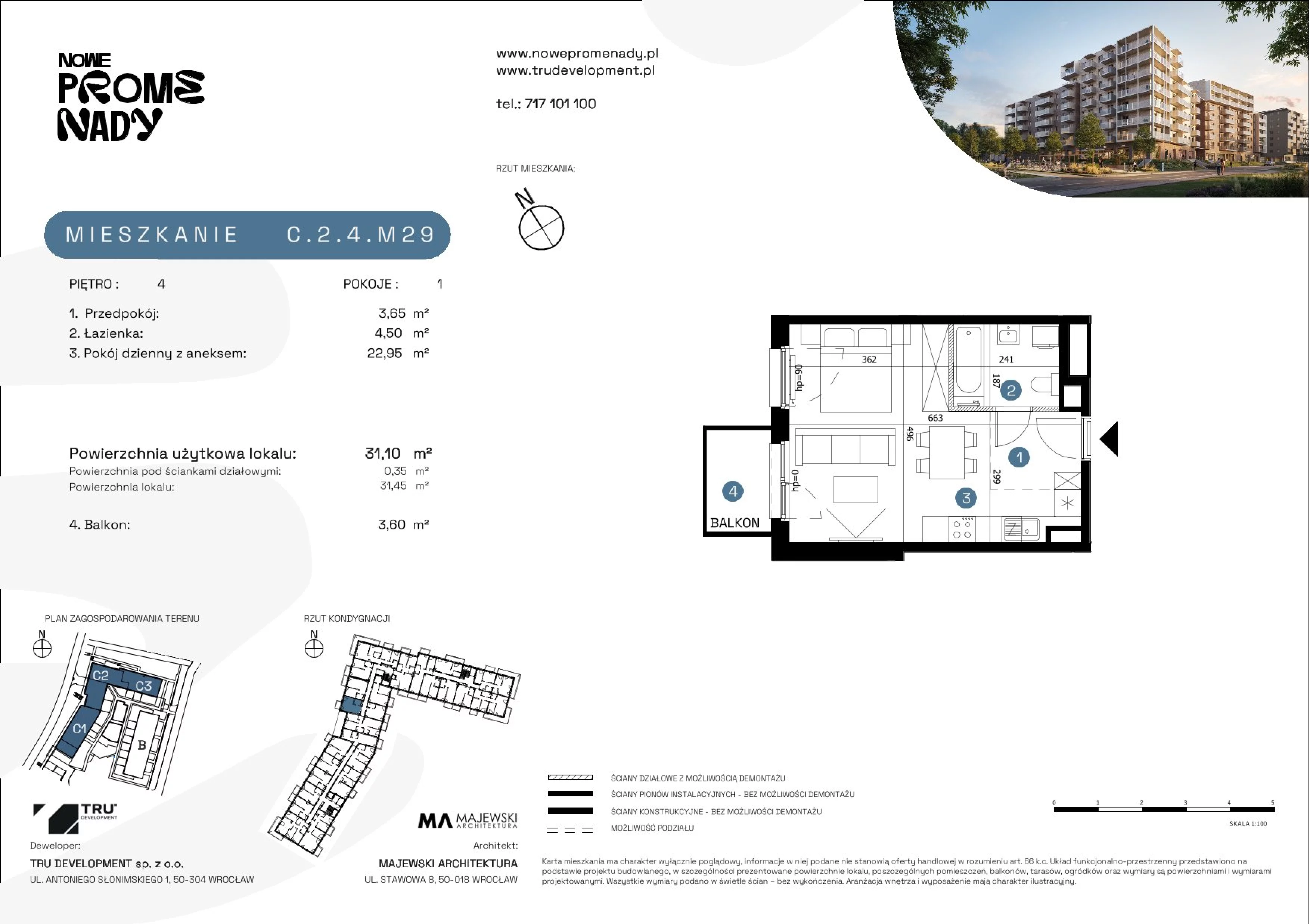 1 pokój, mieszkanie 31,10 m², piętro 4, oferta nr C.2.4.M29, Nowe Promenady 2, Wrocław, Kleczków, Psie Pole, ul. Czesława Miłosza/Jana Czochralskiego
