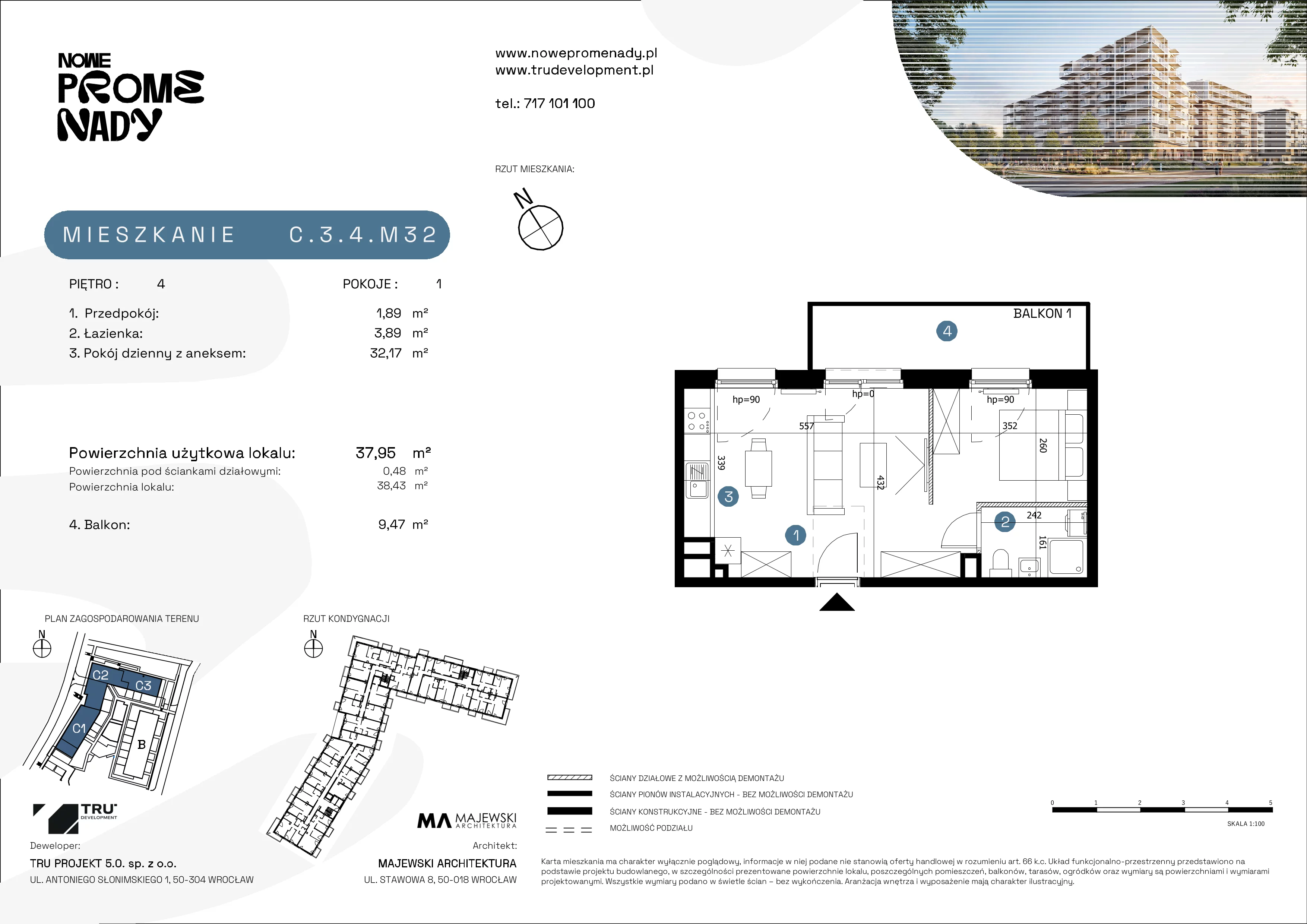 1 pokój, mieszkanie 37,95 m², piętro 4, oferta nr C.3.4.M32, Nowe Promenady 2, Wrocław, Kleczków, Psie Pole, ul. Czesława Miłosza/Jana Czochralskiego
