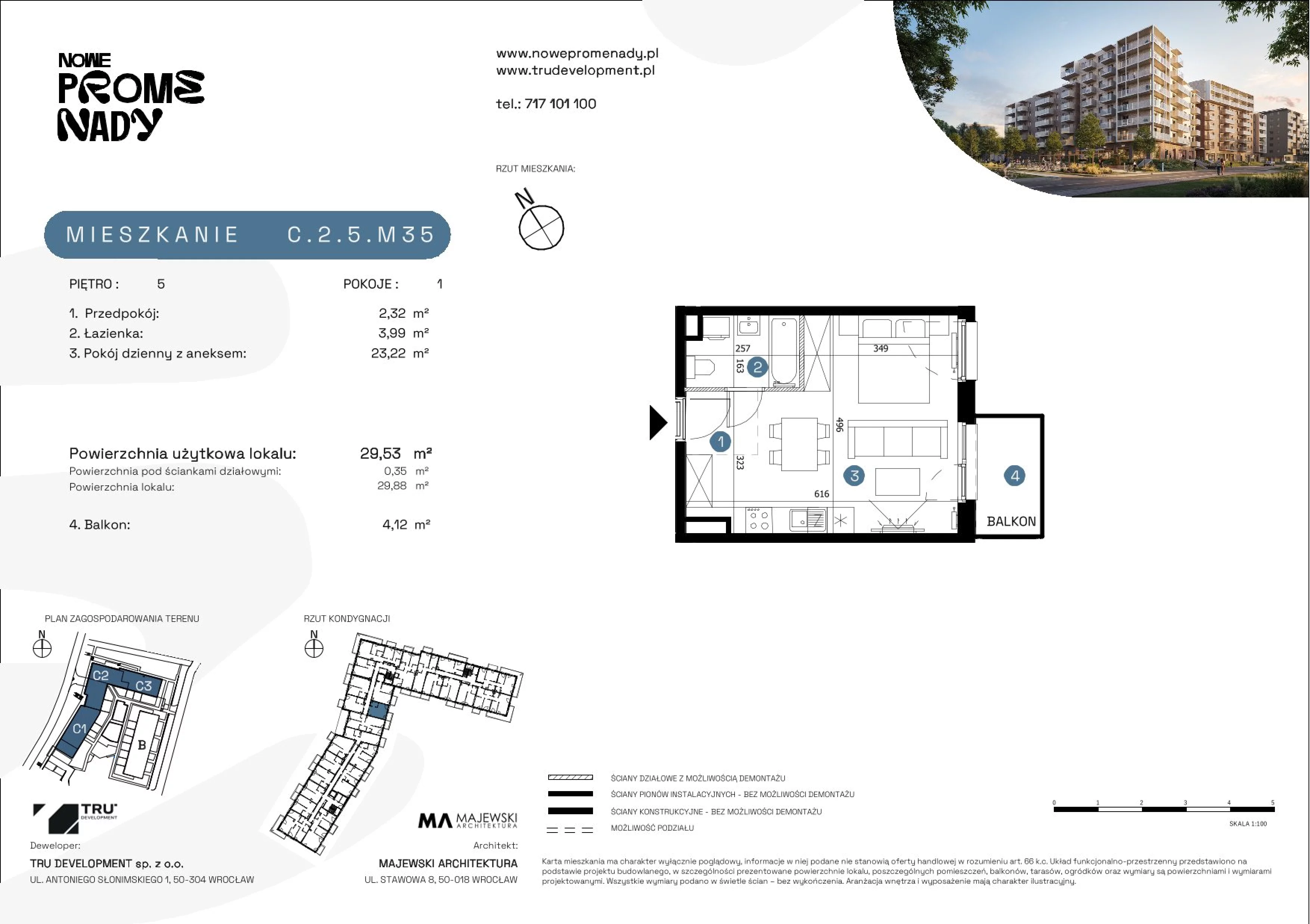 1 pokój, mieszkanie 29,53 m², piętro 5, oferta nr C.2.5.M35, Nowe Promenady 2, Wrocław, Kleczków, Psie Pole, ul. Czesława Miłosza/Jana Czochralskiego