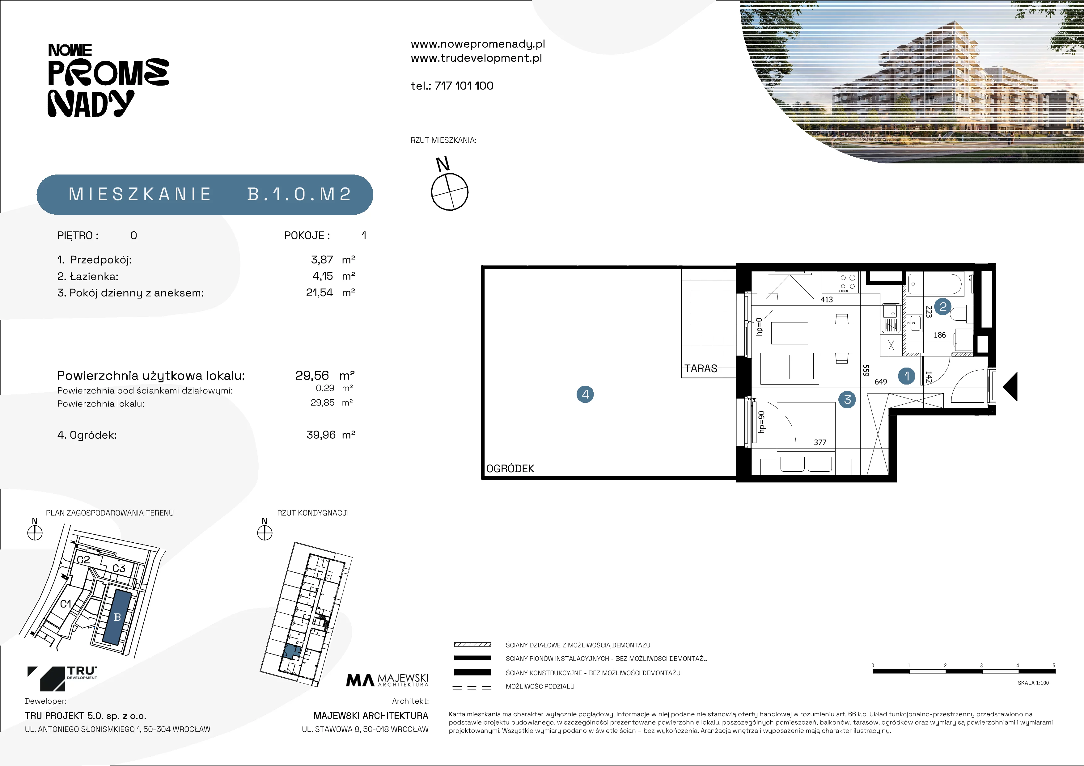 1 pokój, apartament 29,56 m², parter, oferta nr B.1.0.M2, Nowe Promenady 2, Wrocław, Kleczków, Psie Pole, ul. Czesława Miłosza/Jana Czochralskiego