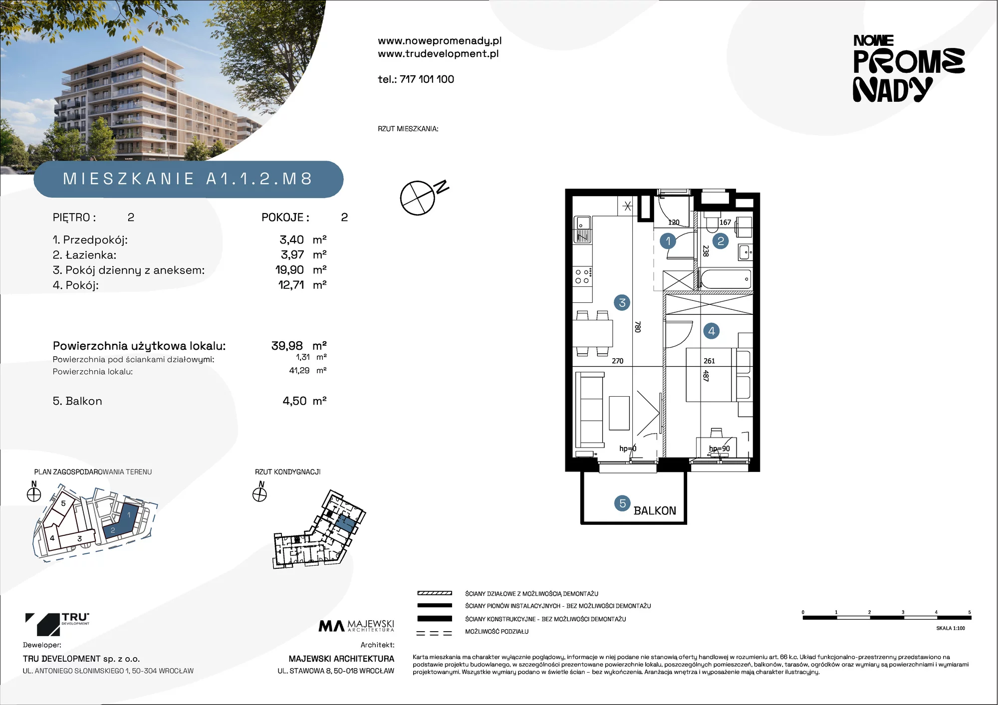 Apartament 39,98 m², piętro 2, oferta nr A1.1.2.M8, Nowe Promenady, Wrocław, Kleczków, Psie Pole, ul. Czesława Miłosza