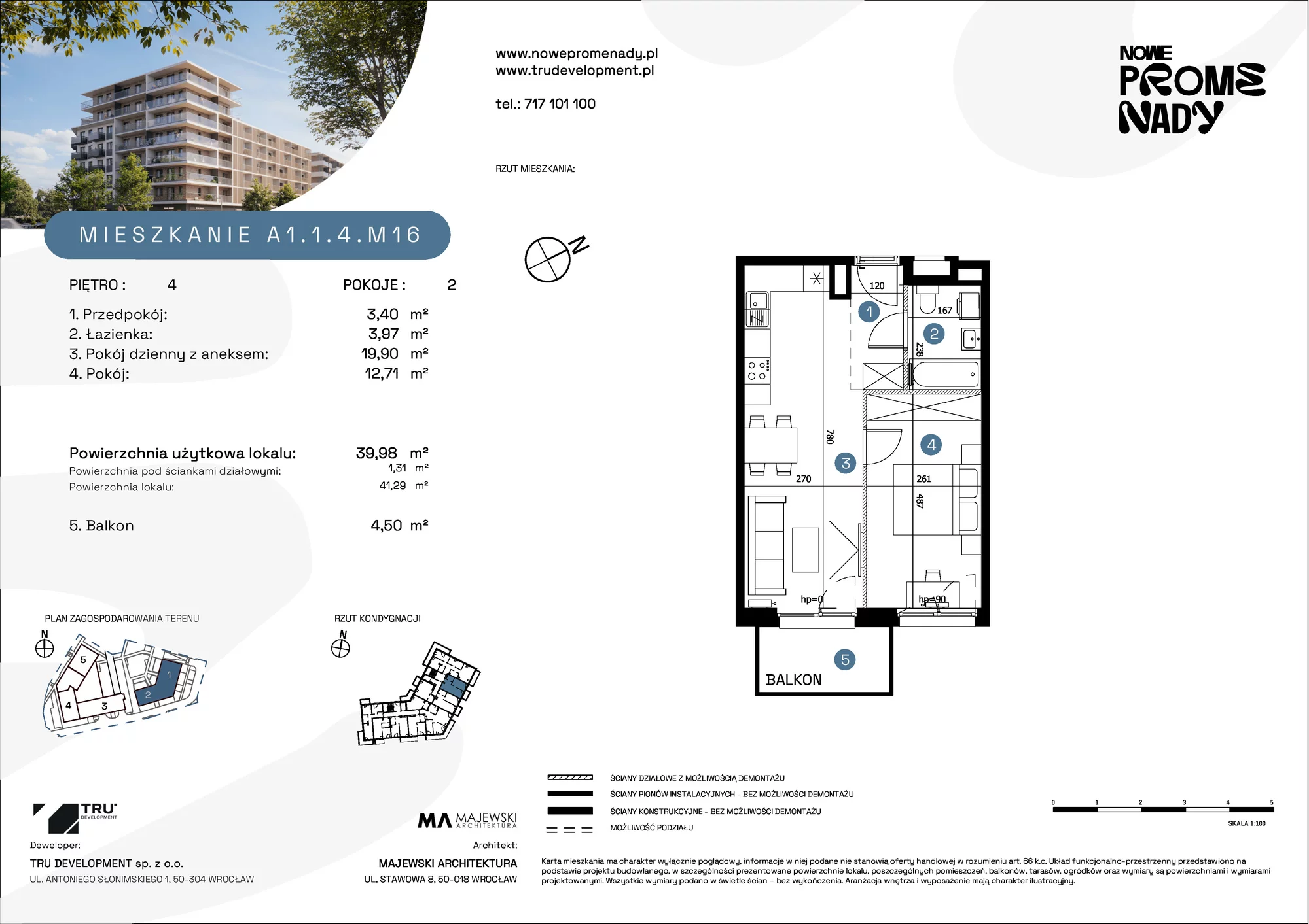 Apartament 39,98 m², piętro 4, oferta nr A1.1.4.M16, Nowe Promenady, Wrocław, Kleczków, Psie Pole, ul. Czesława Miłosza