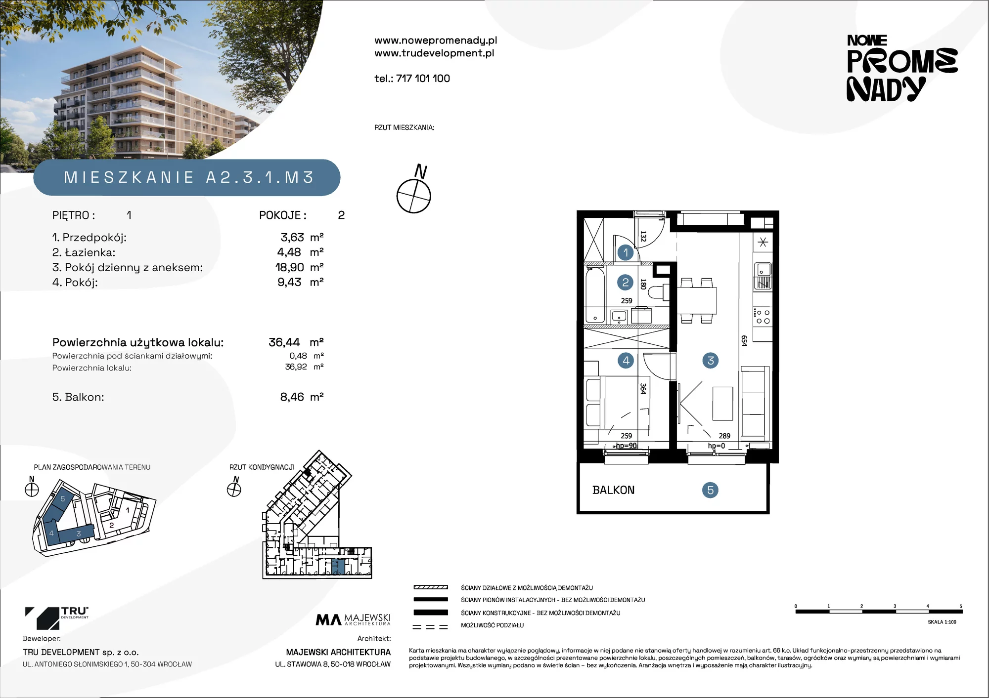 Apartament 36,44 m², piętro 1, oferta nr A2.3.1.M3, Nowe Promenady, Wrocław, Kleczków, Psie Pole, ul. Czesława Miłosza