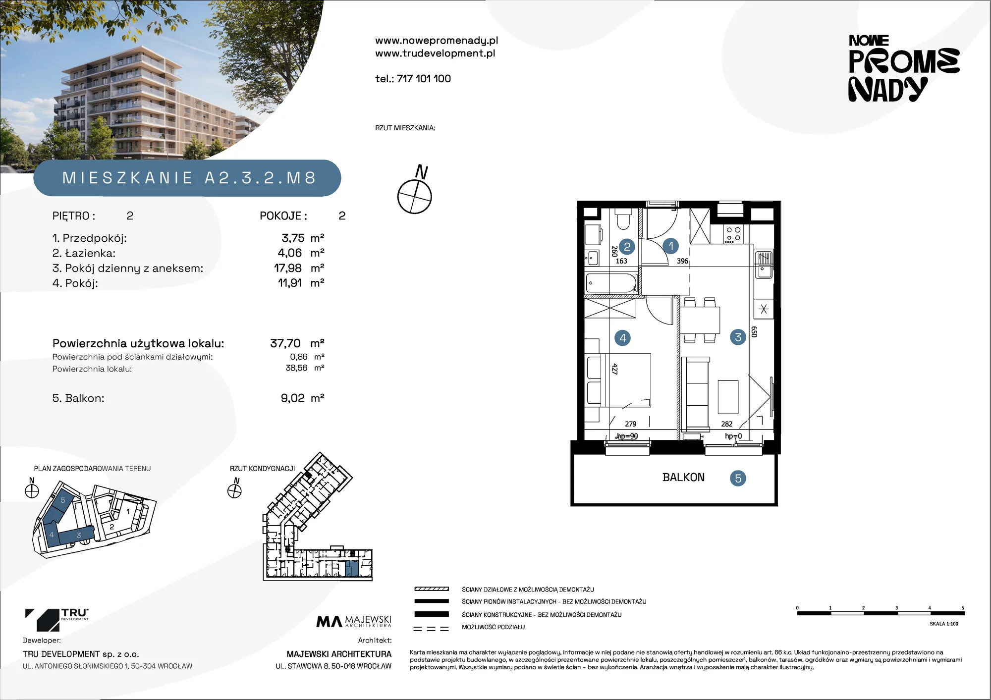 Apartament 37,70 m², piętro 2, oferta nr A2.3.2.M8, Nowe Promenady, Wrocław, Kleczków, Psie Pole, ul. Czesława Miłosza