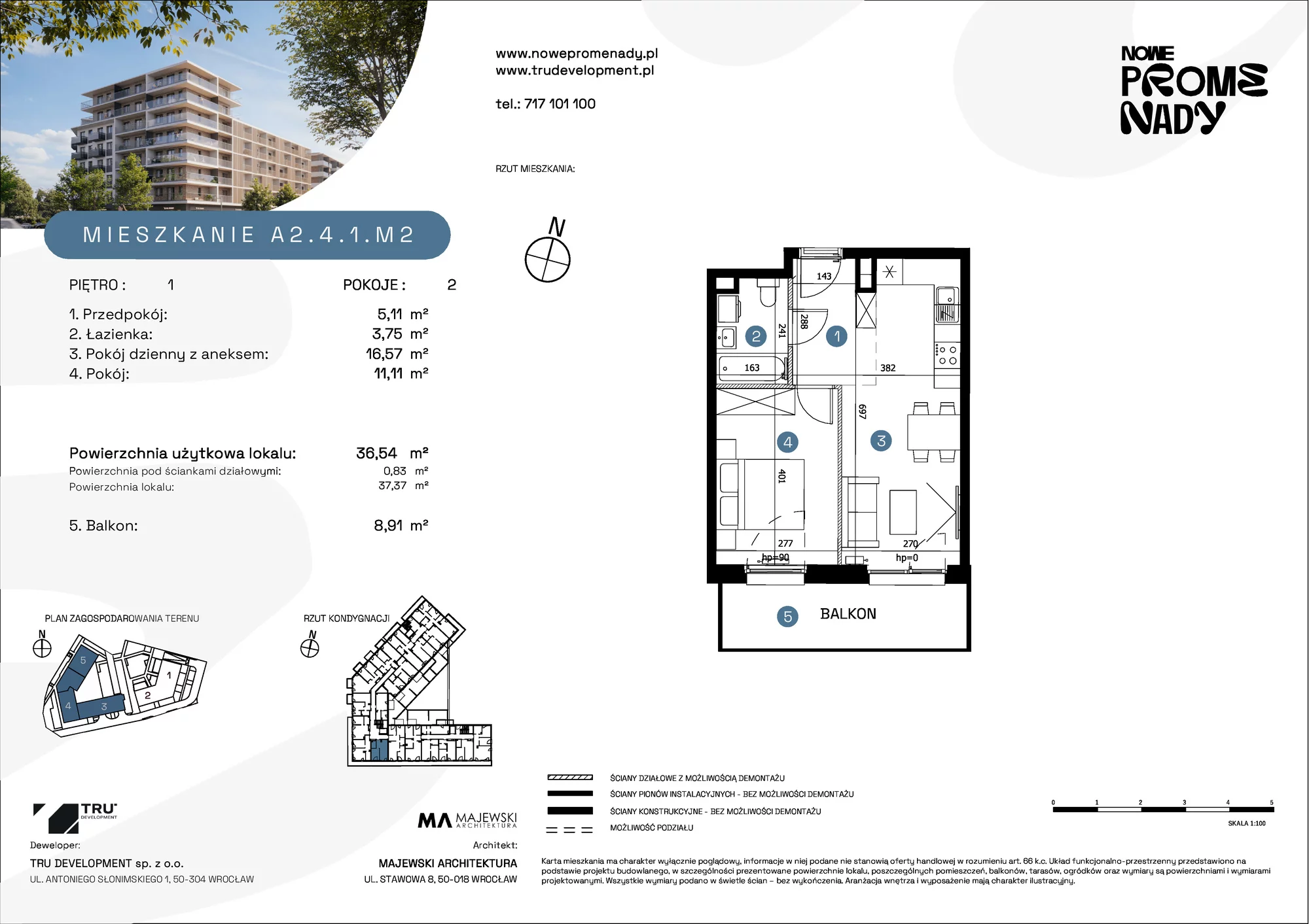 Apartament 36,54 m², piętro 1, oferta nr A2.4.1.M2, Nowe Promenady, Wrocław, Kleczków, Psie Pole, ul. Czesława Miłosza