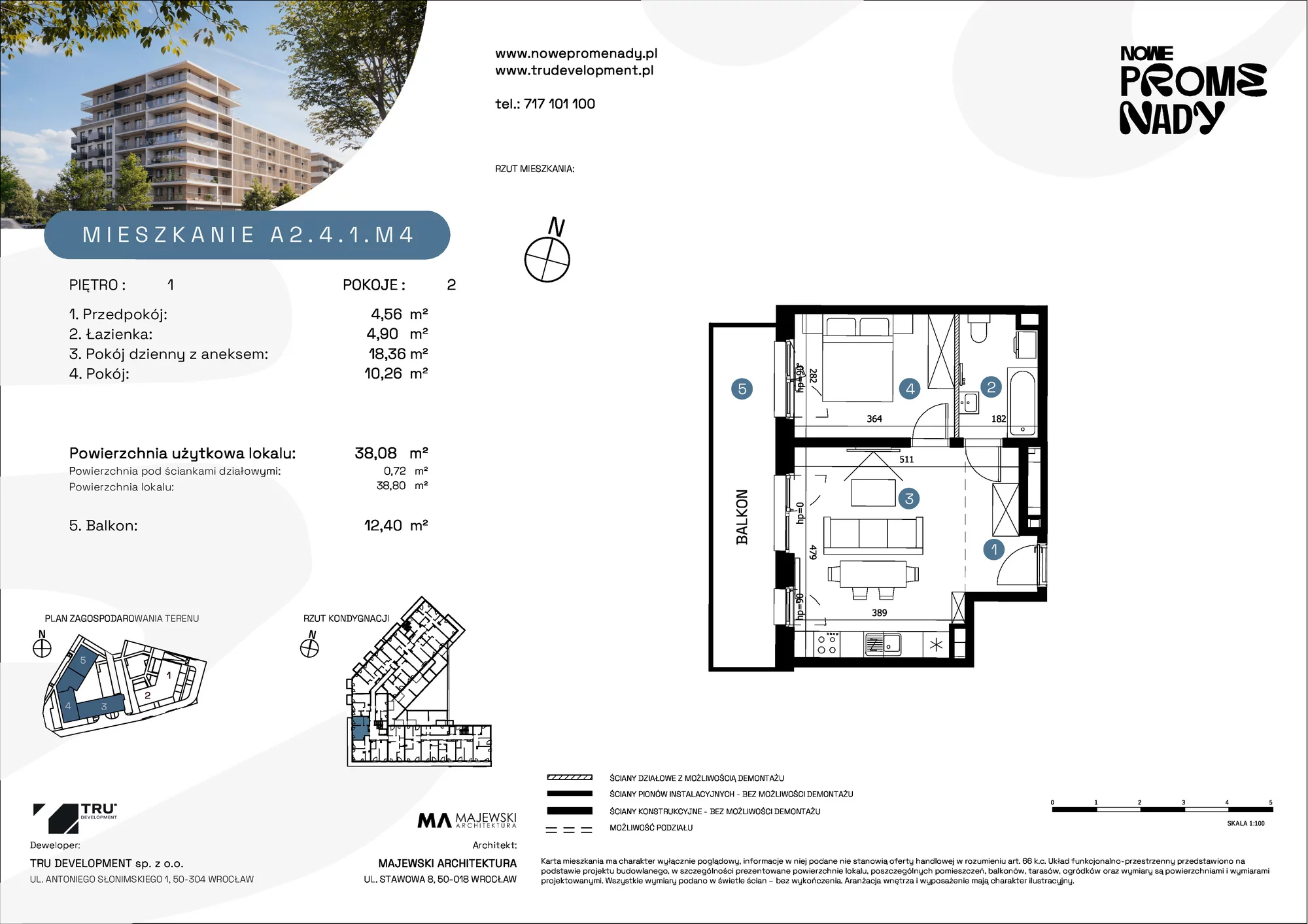 Apartament 38,08 m², piętro 1, oferta nr A2.4.1.M4, Nowe Promenady, Wrocław, Kleczków, Psie Pole, ul. Czesława Miłosza