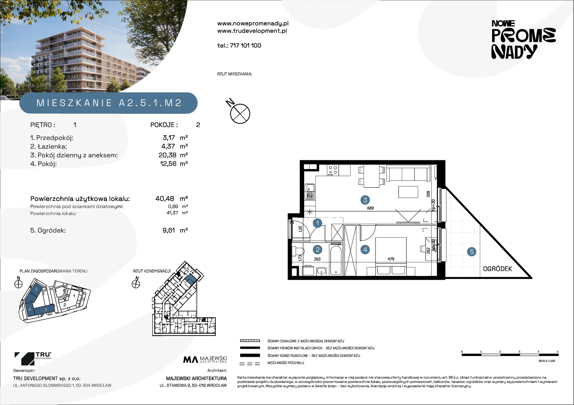 Apartament 40,48 m², piętro 1, oferta nr A2.5.1.M2, Nowe Promenady, Wrocław, Kleczków, Psie Pole, ul. Czesława Miłosza