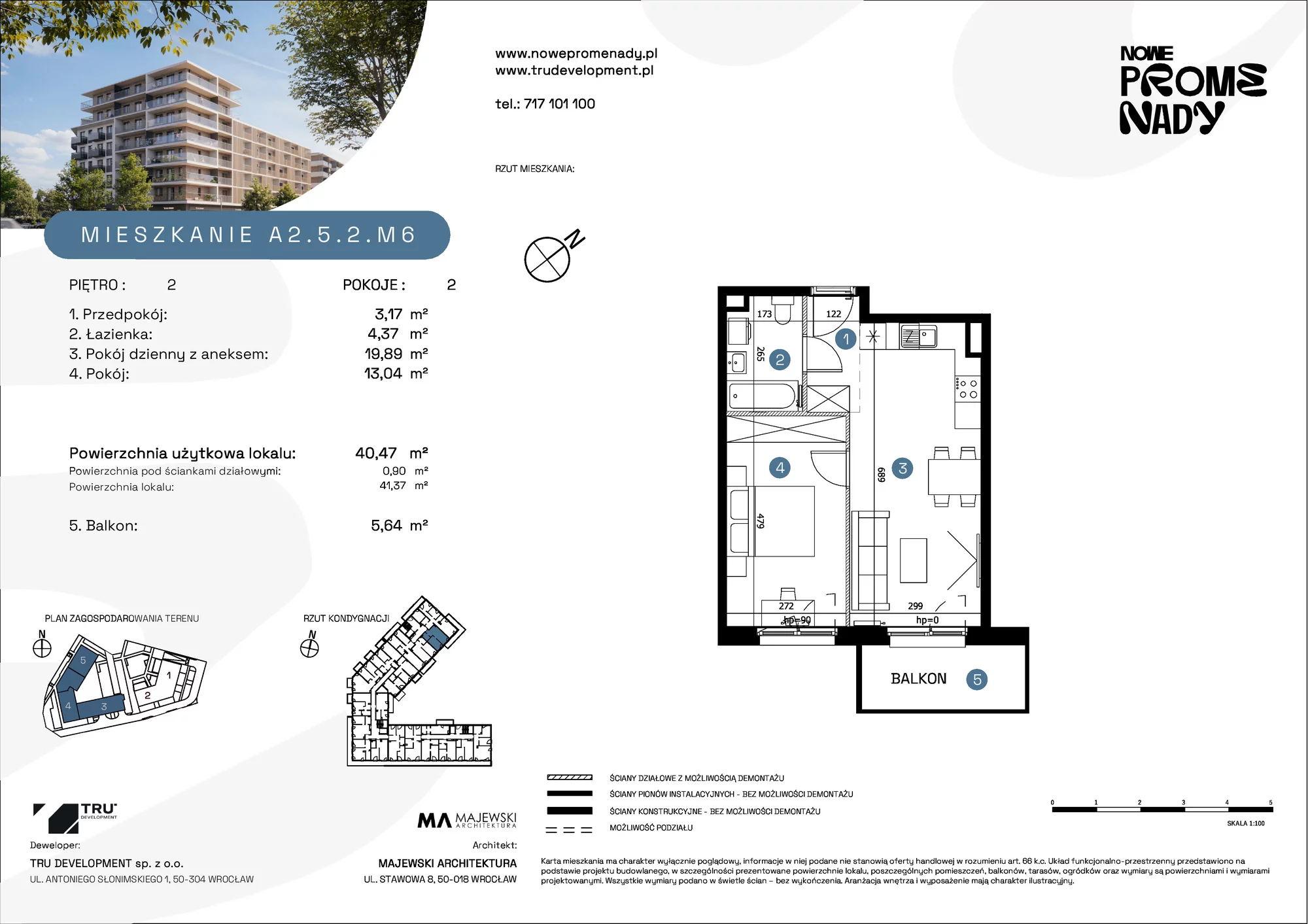 Apartament 40,47 m², piętro 2, oferta nr A2.5.2.M6, Nowe Promenady, Wrocław, Kleczków, Psie Pole, ul. Czesława Miłosza