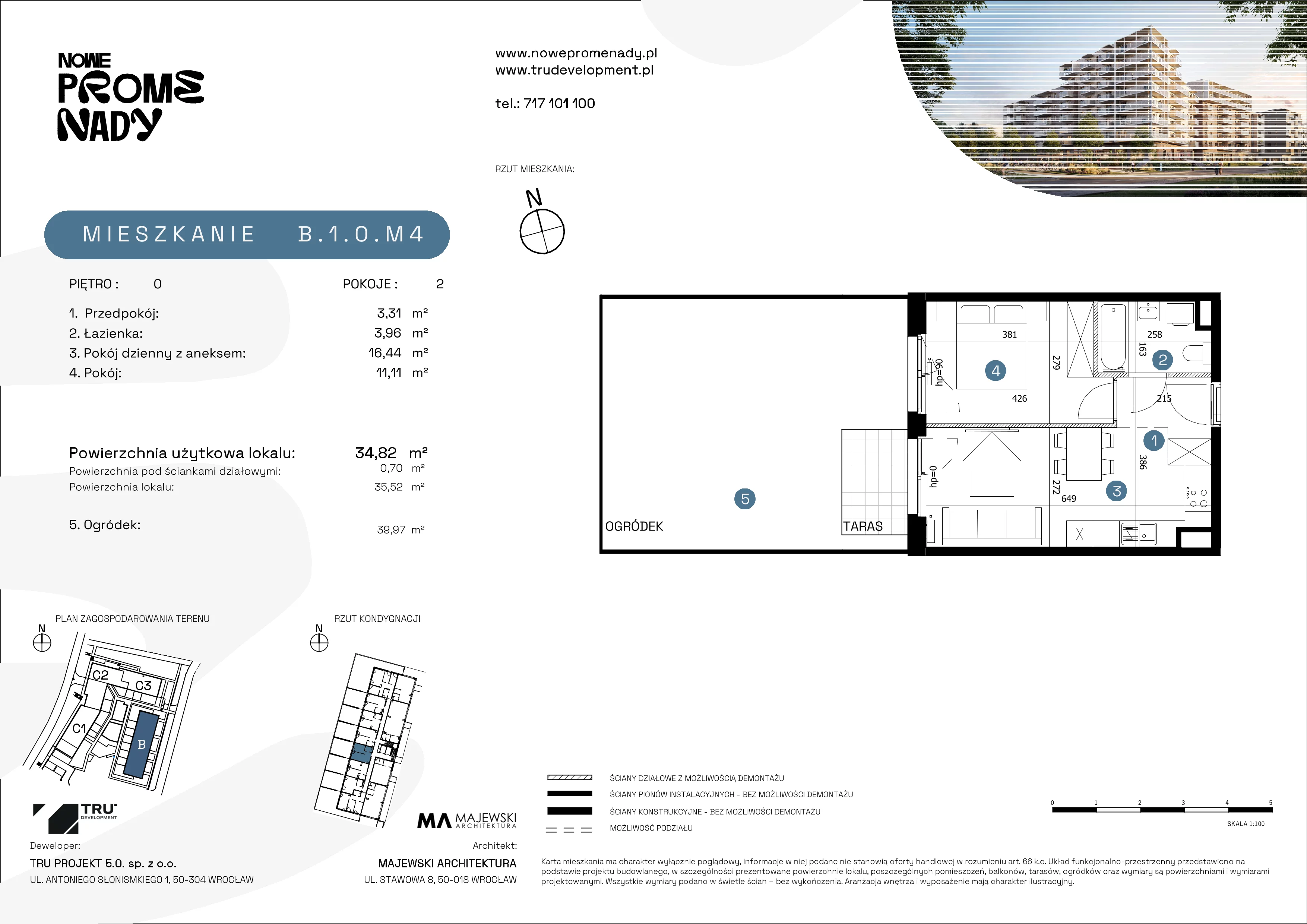 2 pokoje, apartament 34,82 m², parter, oferta nr B.1.0.M4, Nowe Promenady 2, Wrocław, Kleczków, Psie Pole, ul. Czesława Miłosza/Jana Czochralskiego
