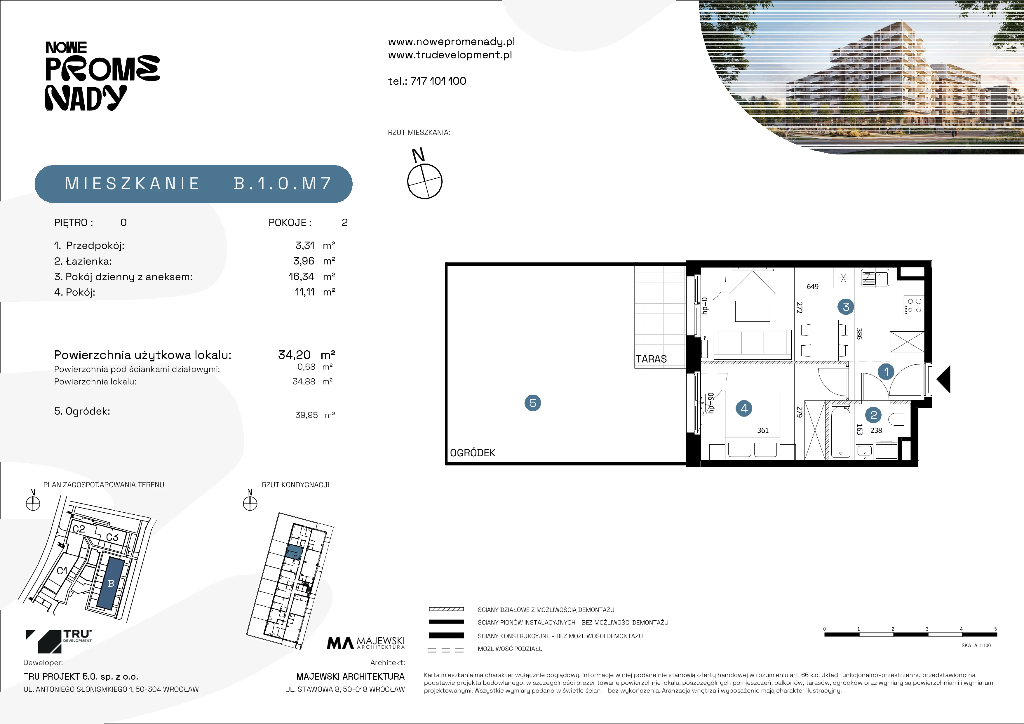 2 pokoje, mieszkanie 34,20 m², parter, oferta nr B.1.0.M7, Nowe Promenady 2, Wrocław, Kleczków, Psie Pole, ul. Czesława Miłosza/Jana Czochralskiego