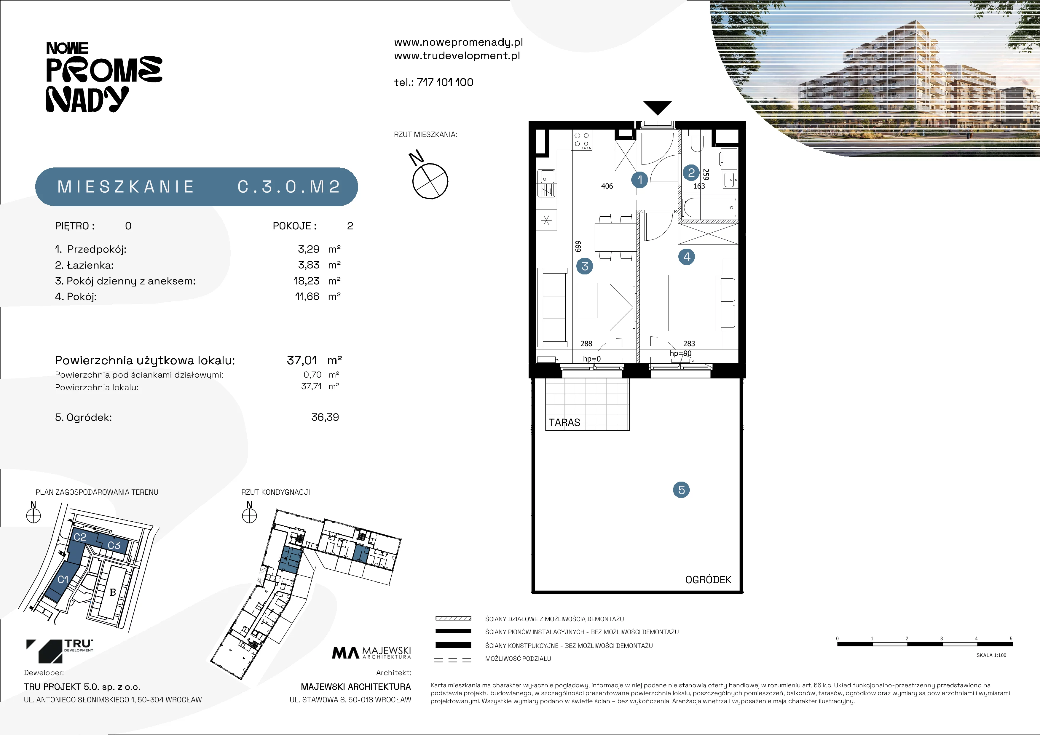 2 pokoje, mieszkanie 37,01 m², parter, oferta nr C.3.0.M2, Nowe Promenady 2, Wrocław, Kleczków, Psie Pole, ul. Czesława Miłosza/Jana Czochralskiego