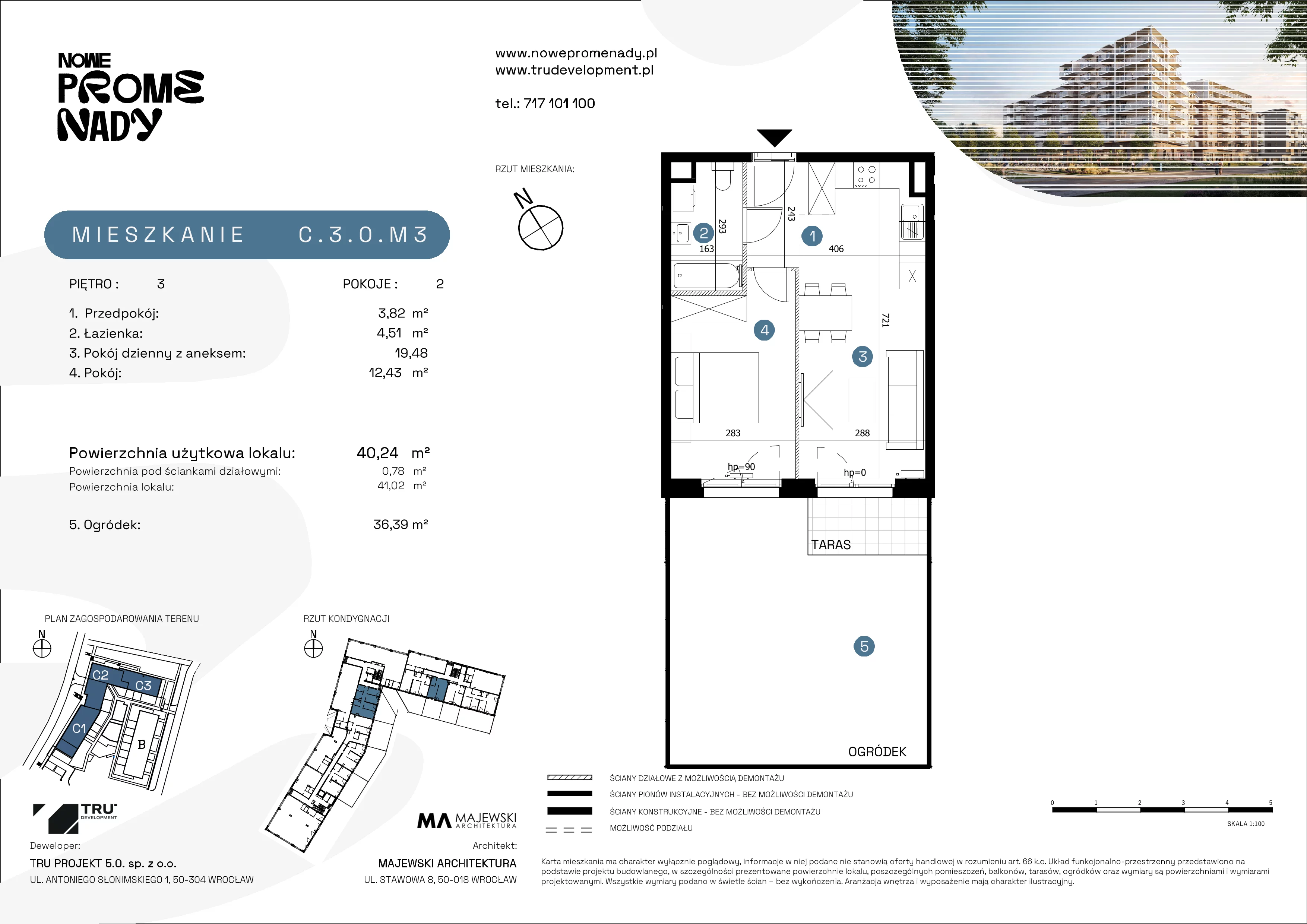 2 pokoje, apartament 40,24 m², parter, oferta nr C.3.0.M3, Nowe Promenady 2, Wrocław, Kleczków, Psie Pole, ul. Czesława Miłosza/Jana Czochralskiego