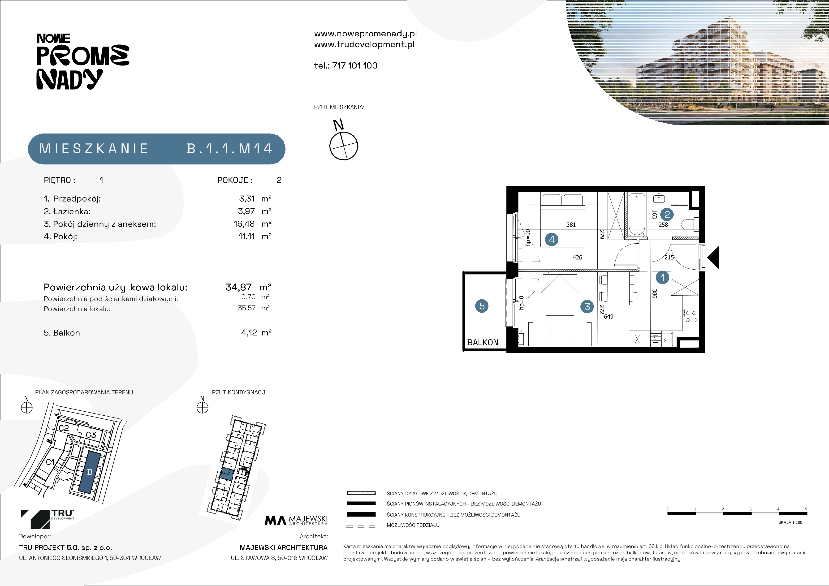 2 pokoje, mieszkanie 34,87 m², piętro 1, oferta nr B.1.1.M14, Nowe Promenady 2, Wrocław, Kleczków, Psie Pole, ul. Czesława Miłosza/Jana Czochralskiego