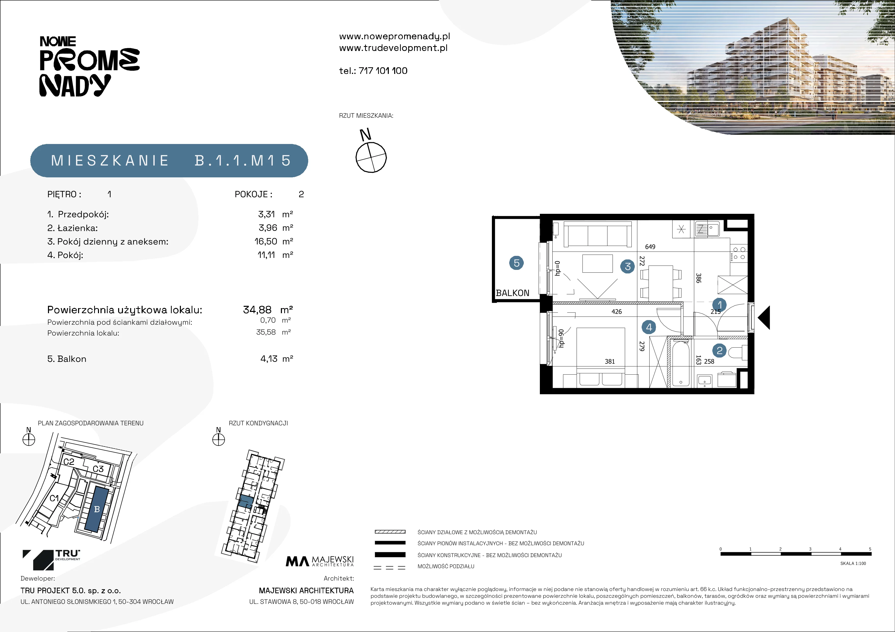 2 pokoje, mieszkanie 34,88 m², piętro 1, oferta nr B.1.1.M15, Nowe Promenady 2, Wrocław, Kleczków, Psie Pole, ul. Czesława Miłosza/Jana Czochralskiego