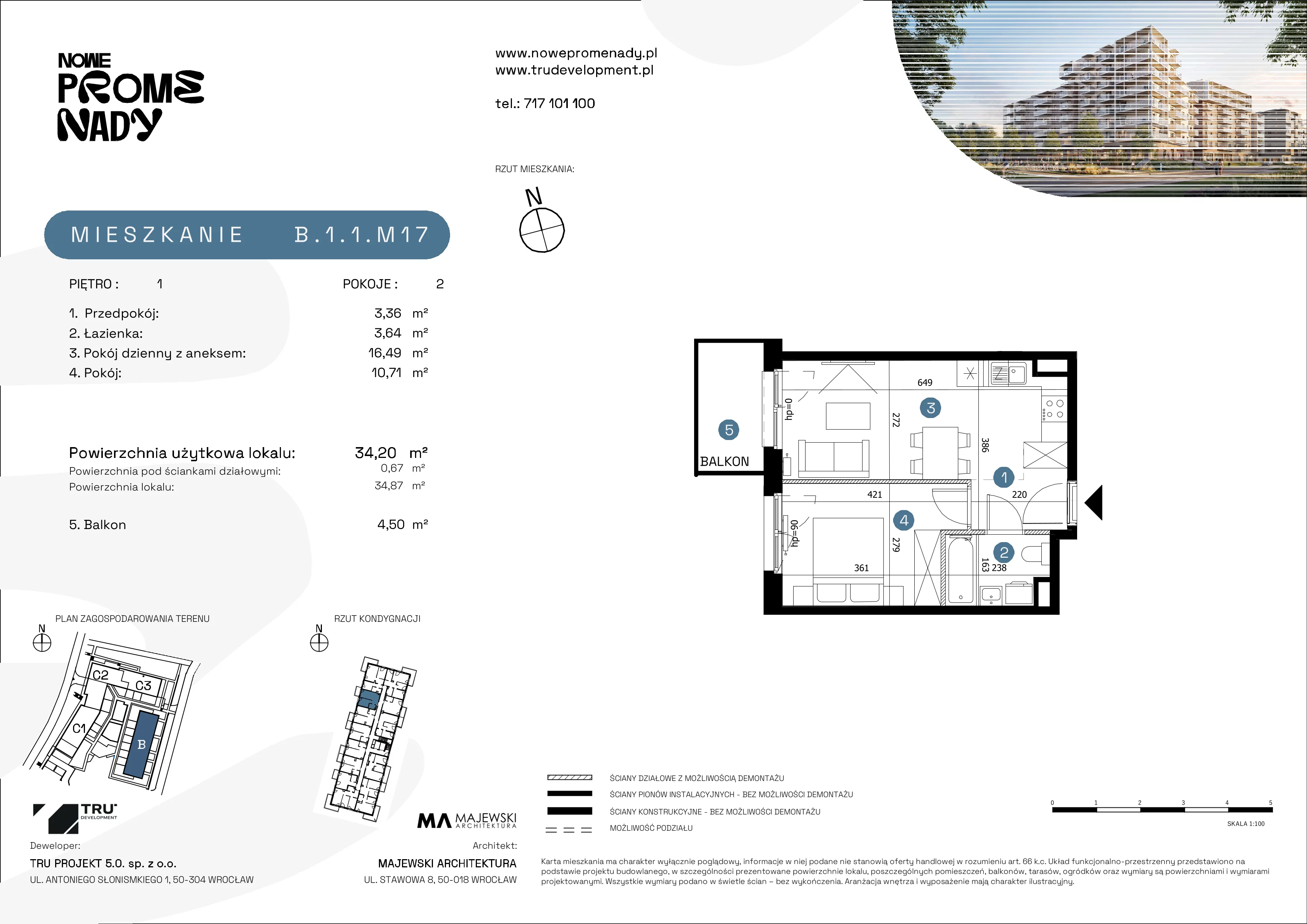 2 pokoje, mieszkanie 34,20 m², piętro 1, oferta nr B.1.1.M17, Nowe Promenady 2, Wrocław, Kleczków, Psie Pole, ul. Czesława Miłosza/Jana Czochralskiego