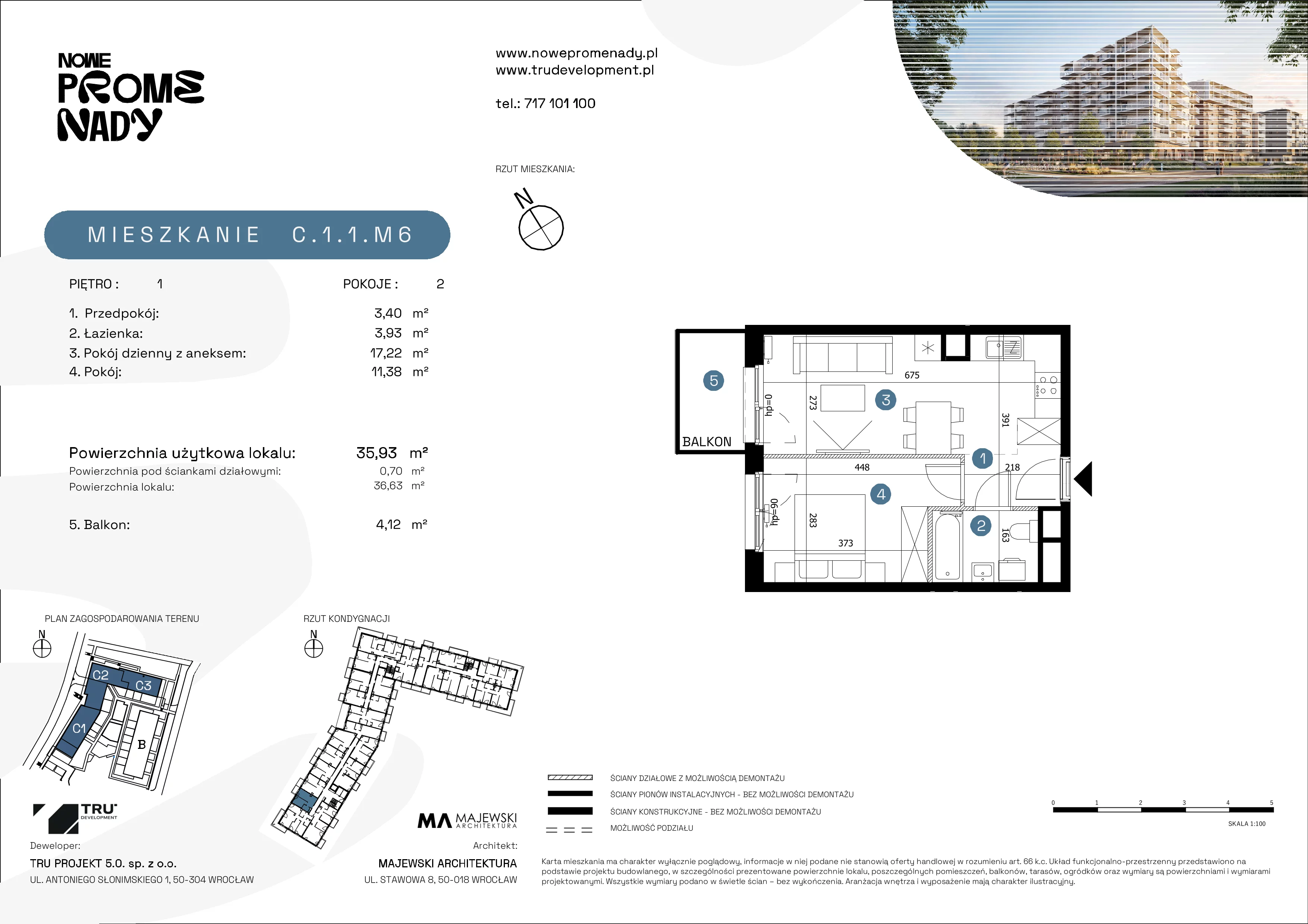 2 pokoje, mieszkanie 35,93 m², piętro 1, oferta nr C.1.1.M6, Nowe Promenady 2, Wrocław, Kleczków, Psie Pole, ul. Czesława Miłosza/Jana Czochralskiego