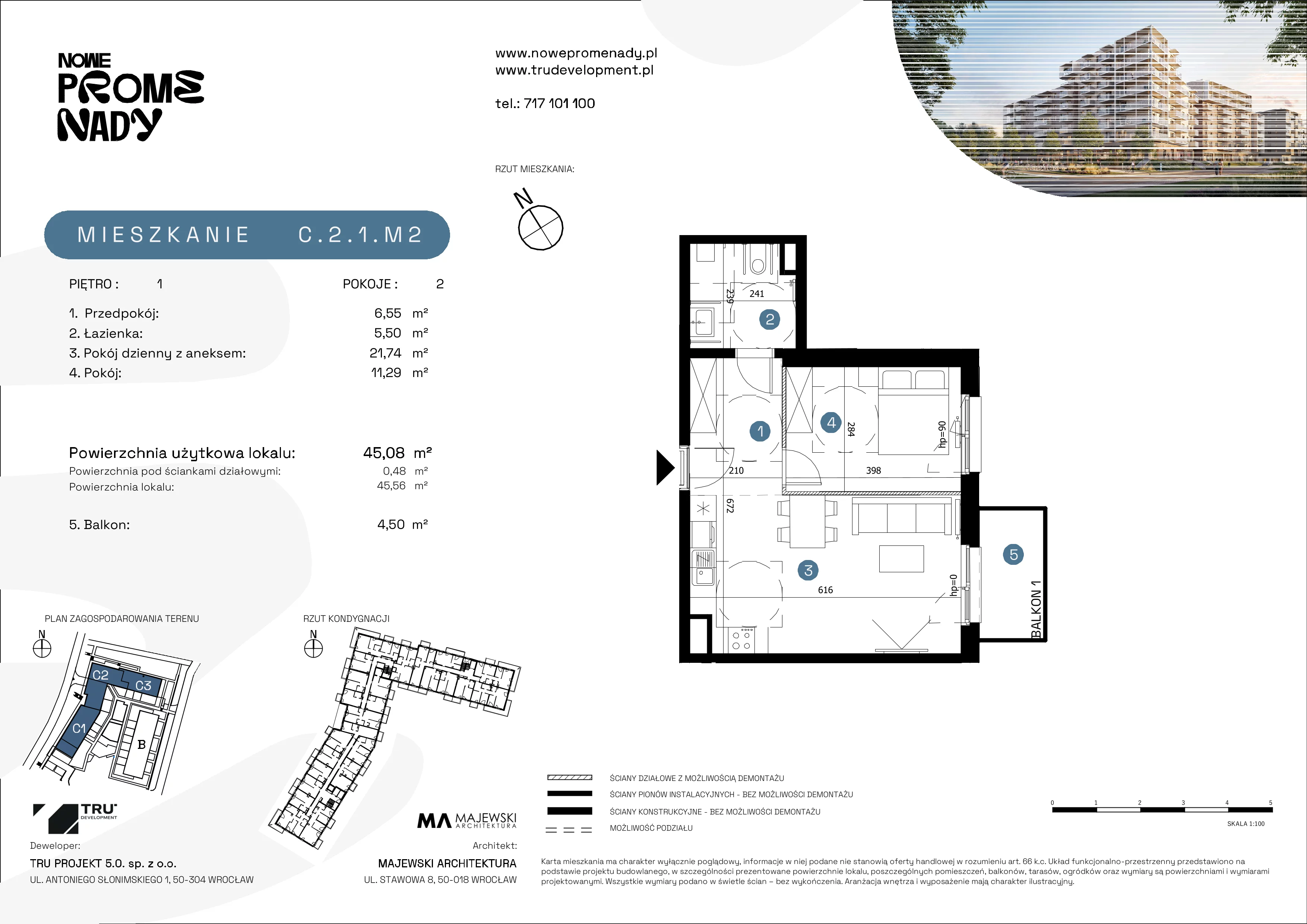 2 pokoje, apartament 45,08 m², piętro 1, oferta nr C.2.1.M2, Nowe Promenady 2, Wrocław, Kleczków, Psie Pole, ul. Czesława Miłosza/Jana Czochralskiego