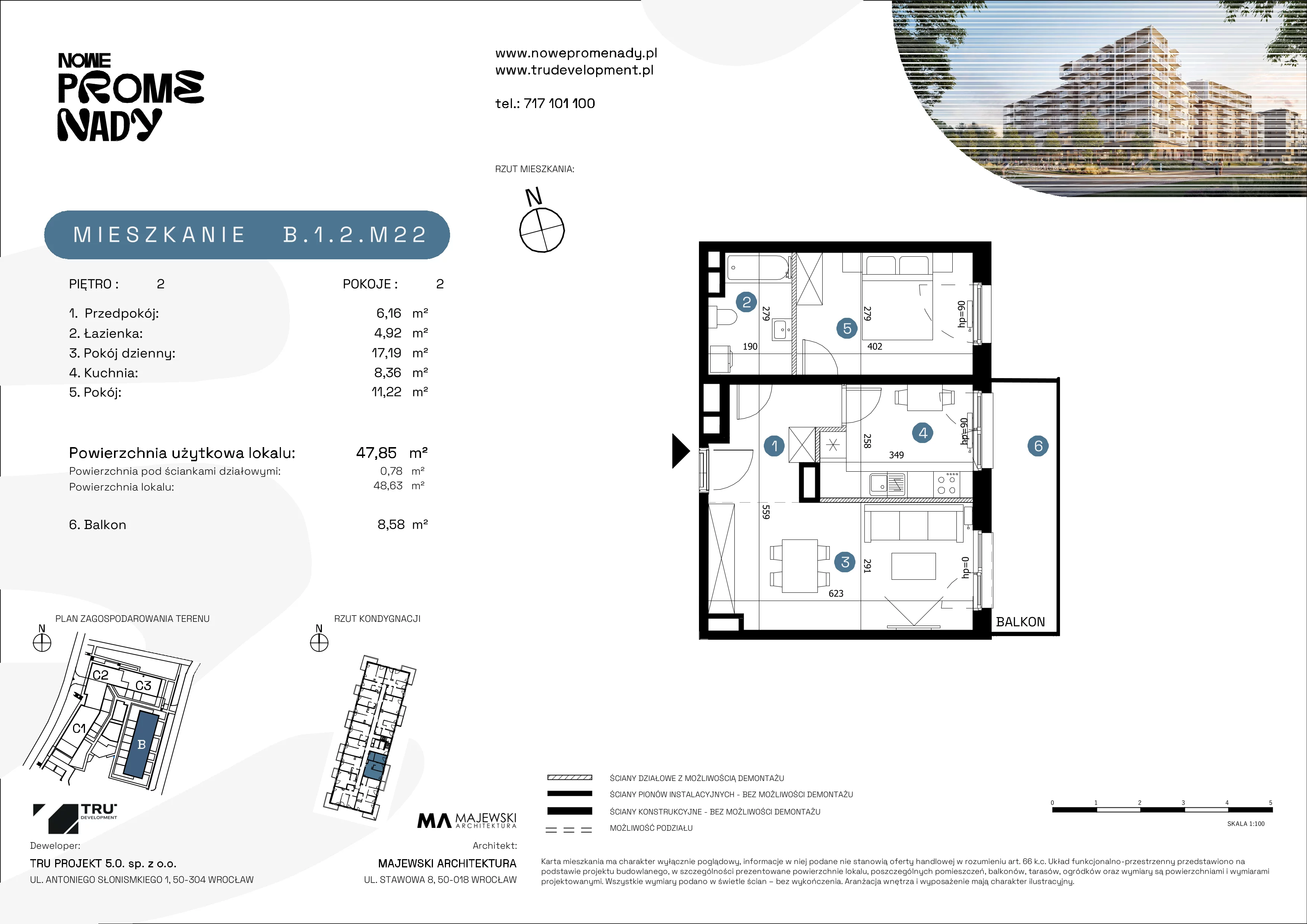 2 pokoje, mieszkanie 47,85 m², piętro 2, oferta nr B.1.2.M22, Nowe Promenady 2, Wrocław, Kleczków, Psie Pole, ul. Czesława Miłosza/Jana Czochralskiego
