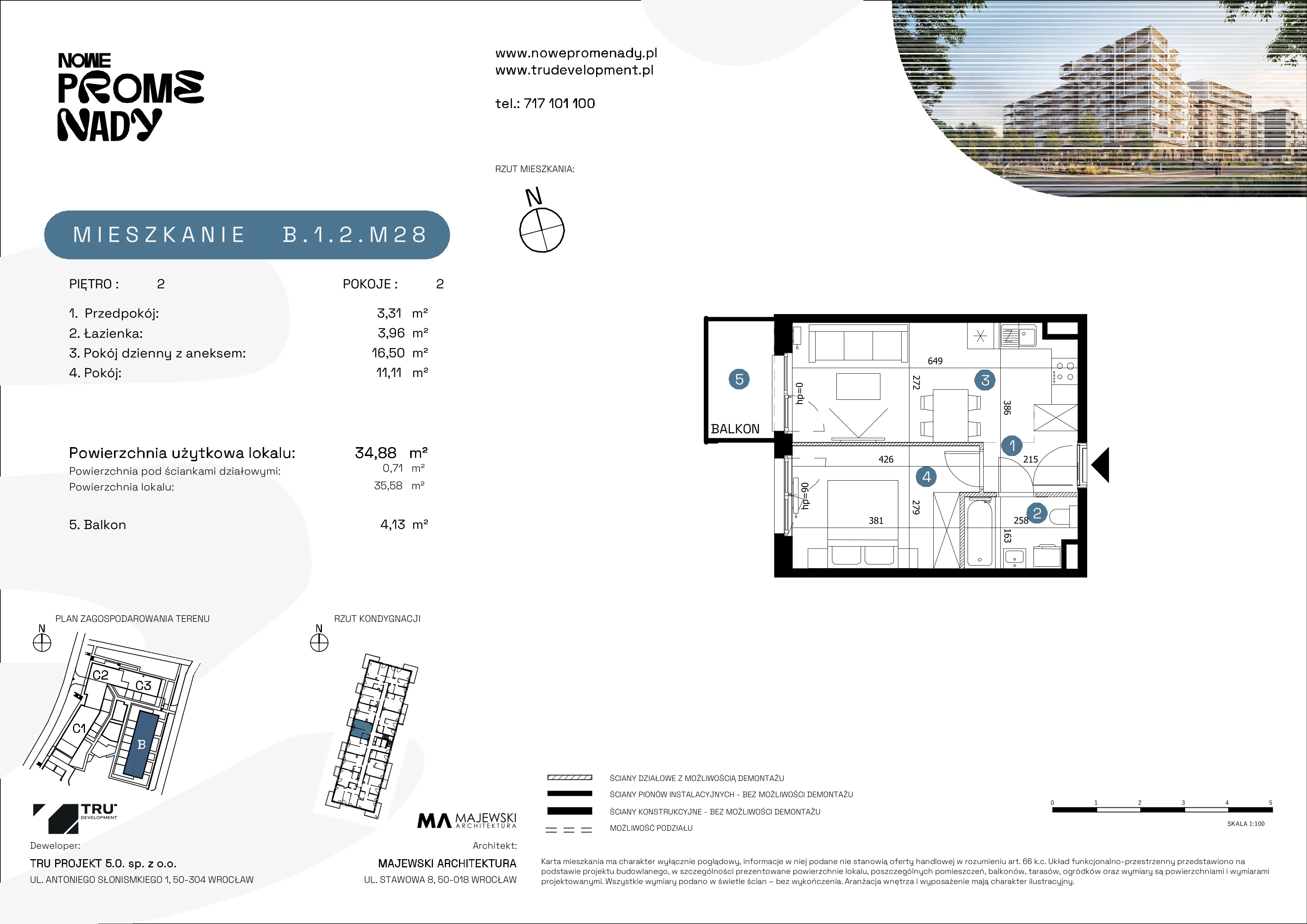 2 pokoje, mieszkanie 34,88 m², piętro 2, oferta nr B.1.2.M28, Nowe Promenady 2, Wrocław, Kleczków, Psie Pole, ul. Czesława Miłosza/Jana Czochralskiego