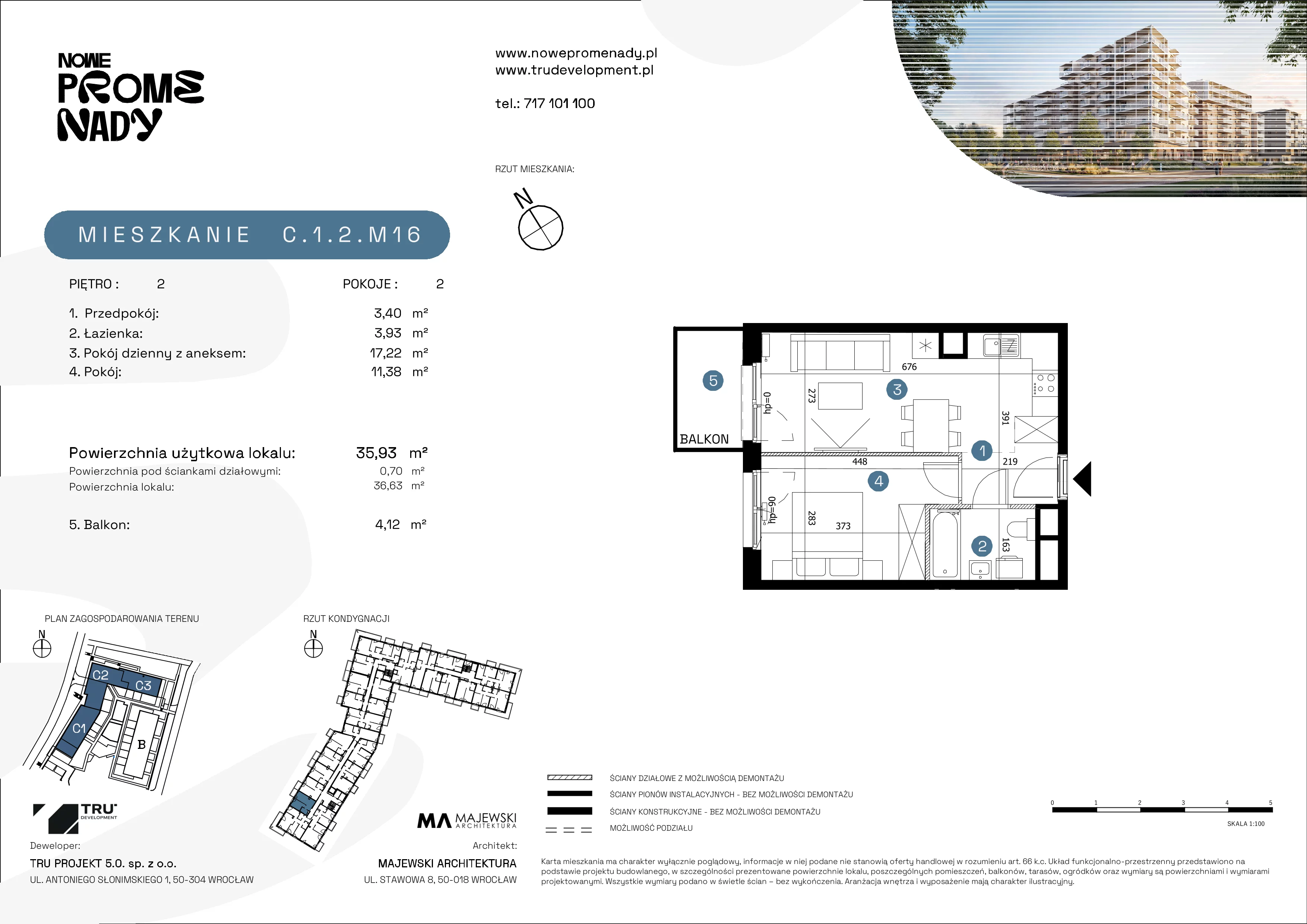 2 pokoje, mieszkanie 35,93 m², piętro 2, oferta nr C.1.2.M16, Nowe Promenady 2, Wrocław, Kleczków, Psie Pole, ul. Czesława Miłosza/Jana Czochralskiego