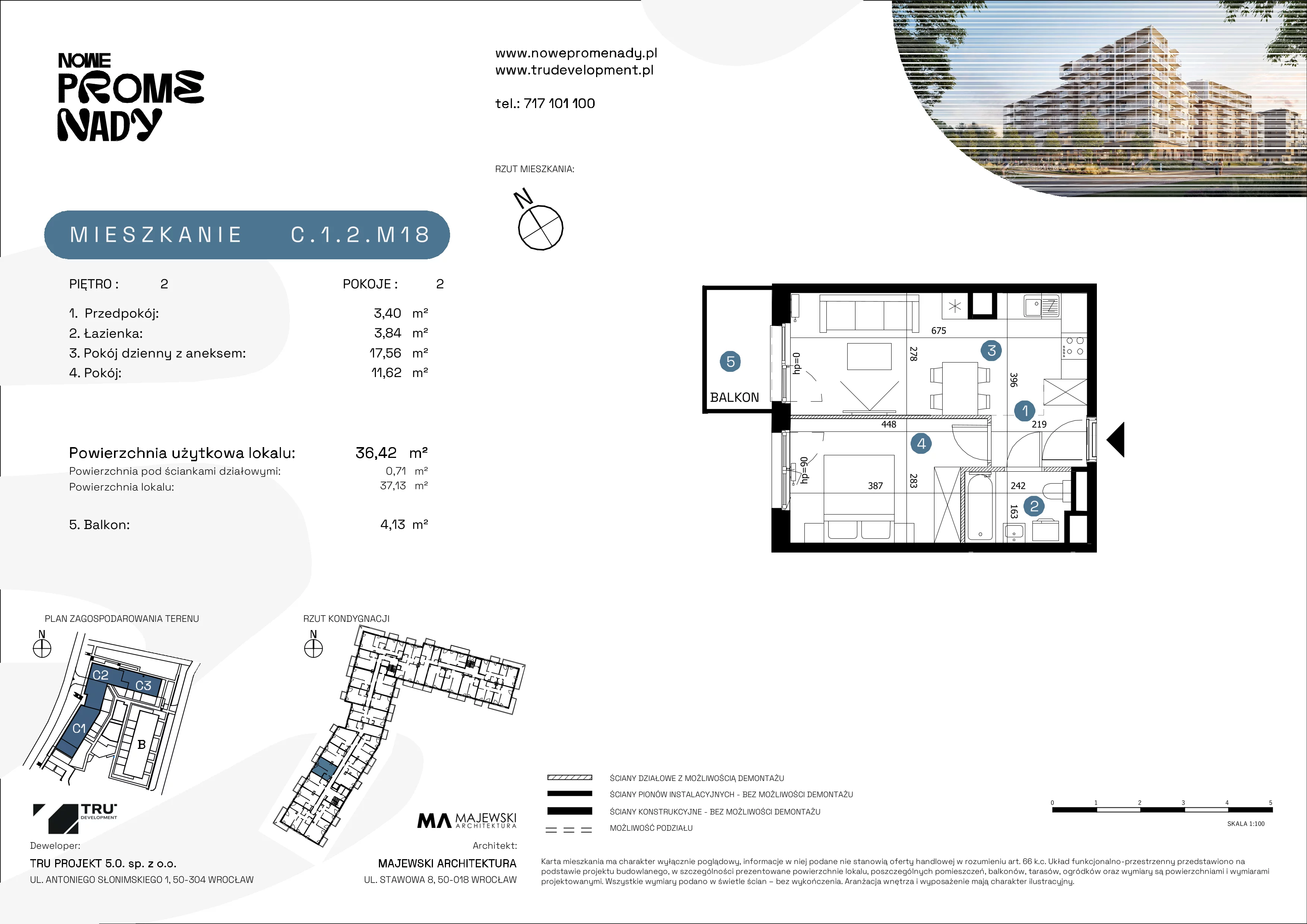 2 pokoje, mieszkanie 36,42 m², piętro 2, oferta nr C.1.2.M18, Nowe Promenady 2, Wrocław, Kleczków, Psie Pole, ul. Czesława Miłosza/Jana Czochralskiego
