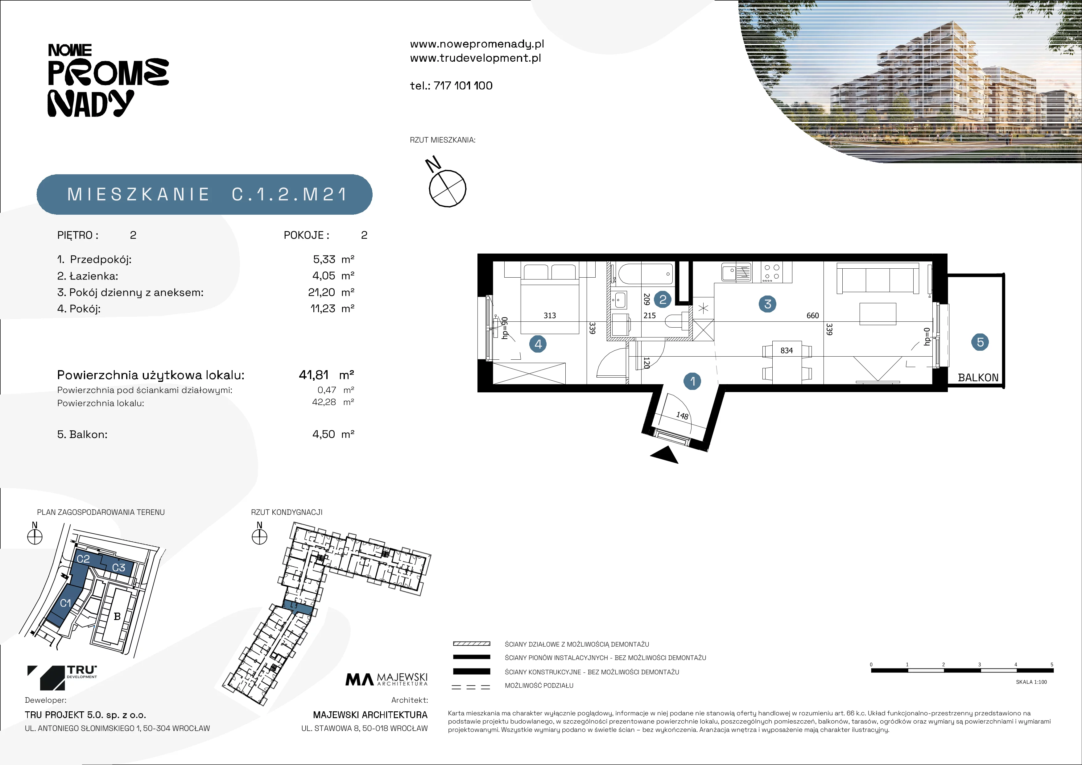 2 pokoje, mieszkanie 41,81 m², piętro 2, oferta nr C.1.2.M21, Nowe Promenady 2, Wrocław, Kleczków, Psie Pole, ul. Czesława Miłosza/Jana Czochralskiego