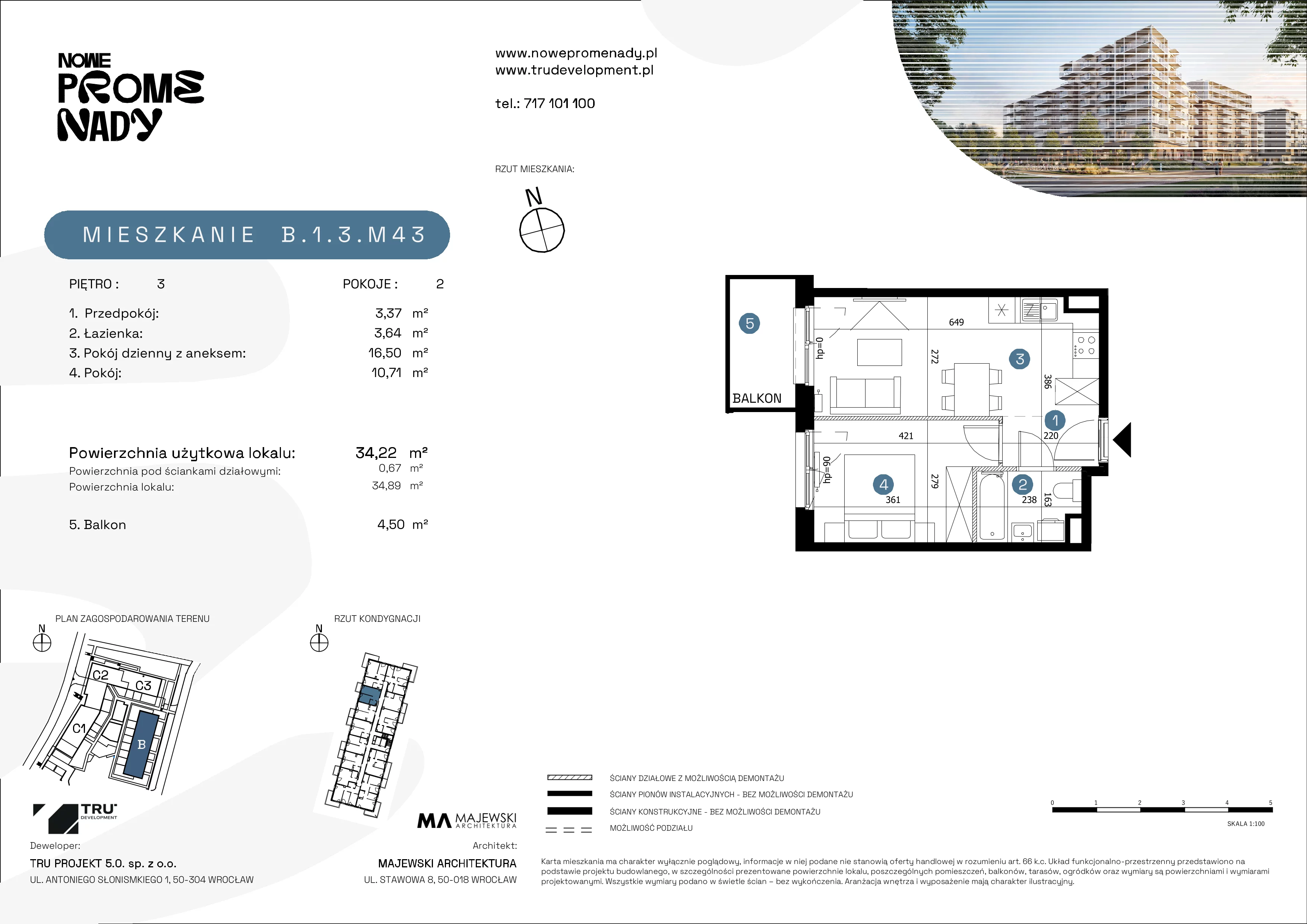 2 pokoje, mieszkanie 34,22 m², piętro 3, oferta nr B.1.3.M43, Nowe Promenady 2, Wrocław, Kleczków, Psie Pole, ul. Czesława Miłosza/Jana Czochralskiego
