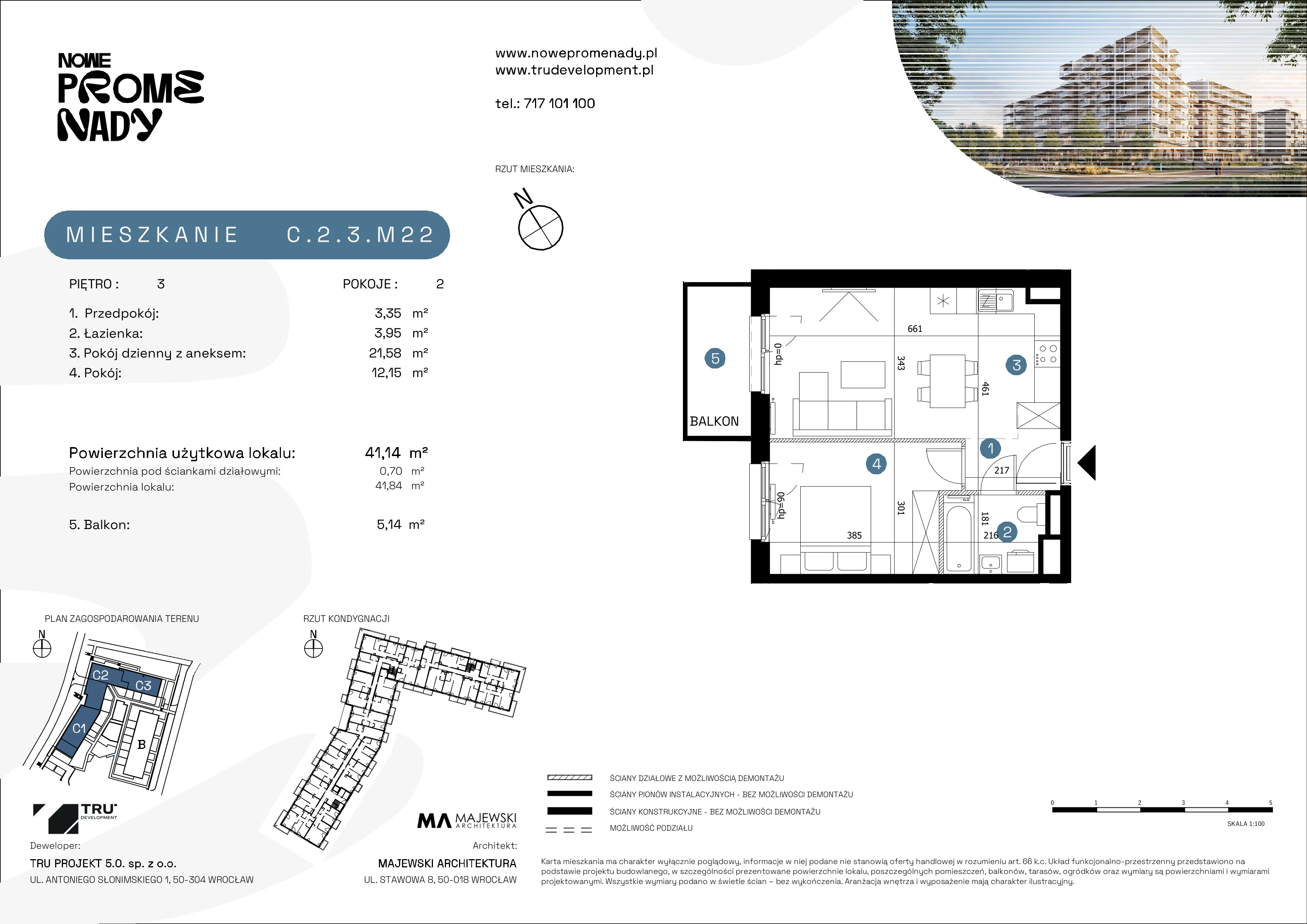 2 pokoje, mieszkanie 41,14 m², piętro 3, oferta nr C.2.3.M22, Nowe Promenady 2, Wrocław, Kleczków, Psie Pole, ul. Czesława Miłosza/Jana Czochralskiego
