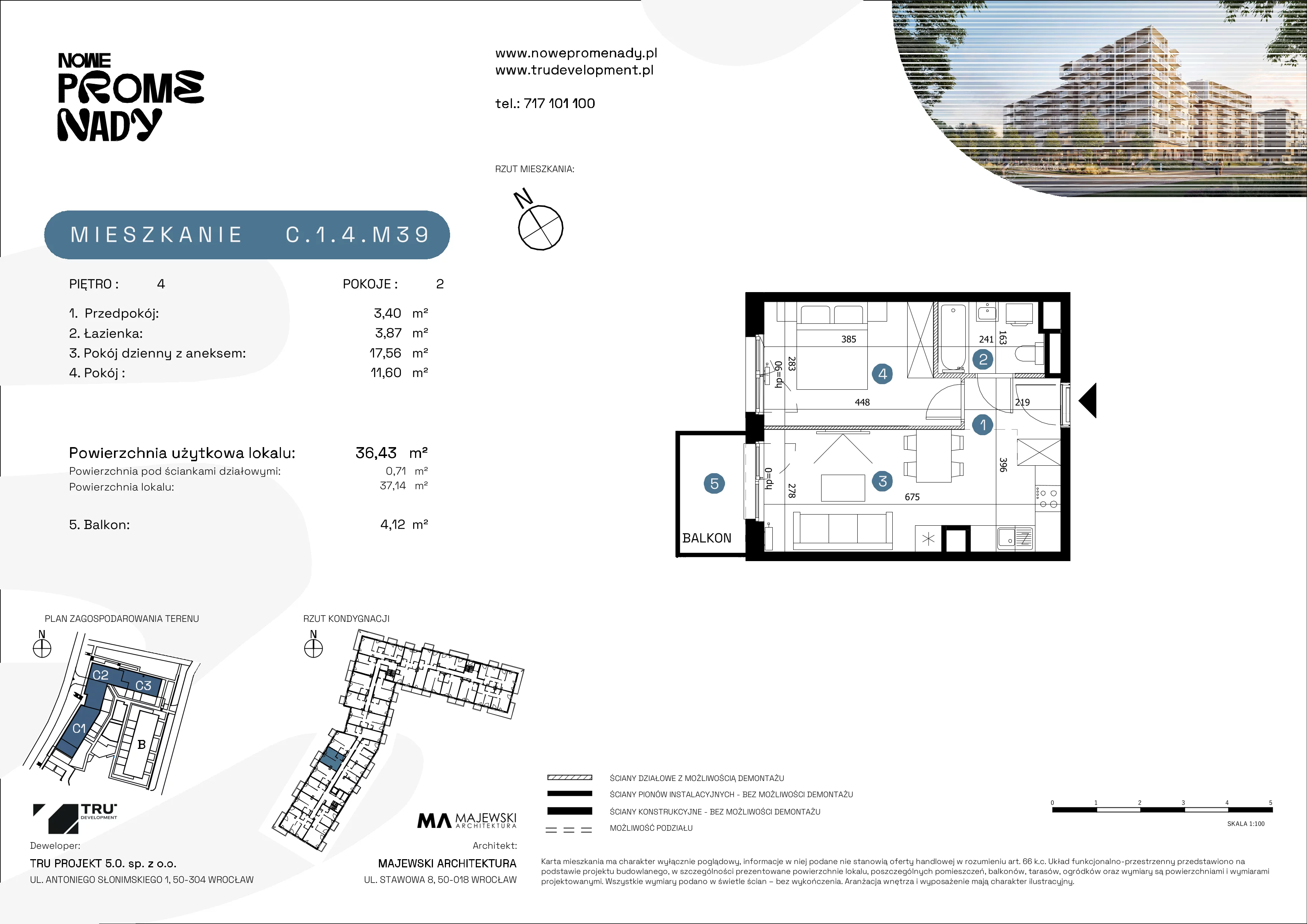 2 pokoje, mieszkanie 36,43 m², piętro 4, oferta nr C.1.4.M39, Nowe Promenady 2, Wrocław, Kleczków, Psie Pole, ul. Czesława Miłosza/Jana Czochralskiego