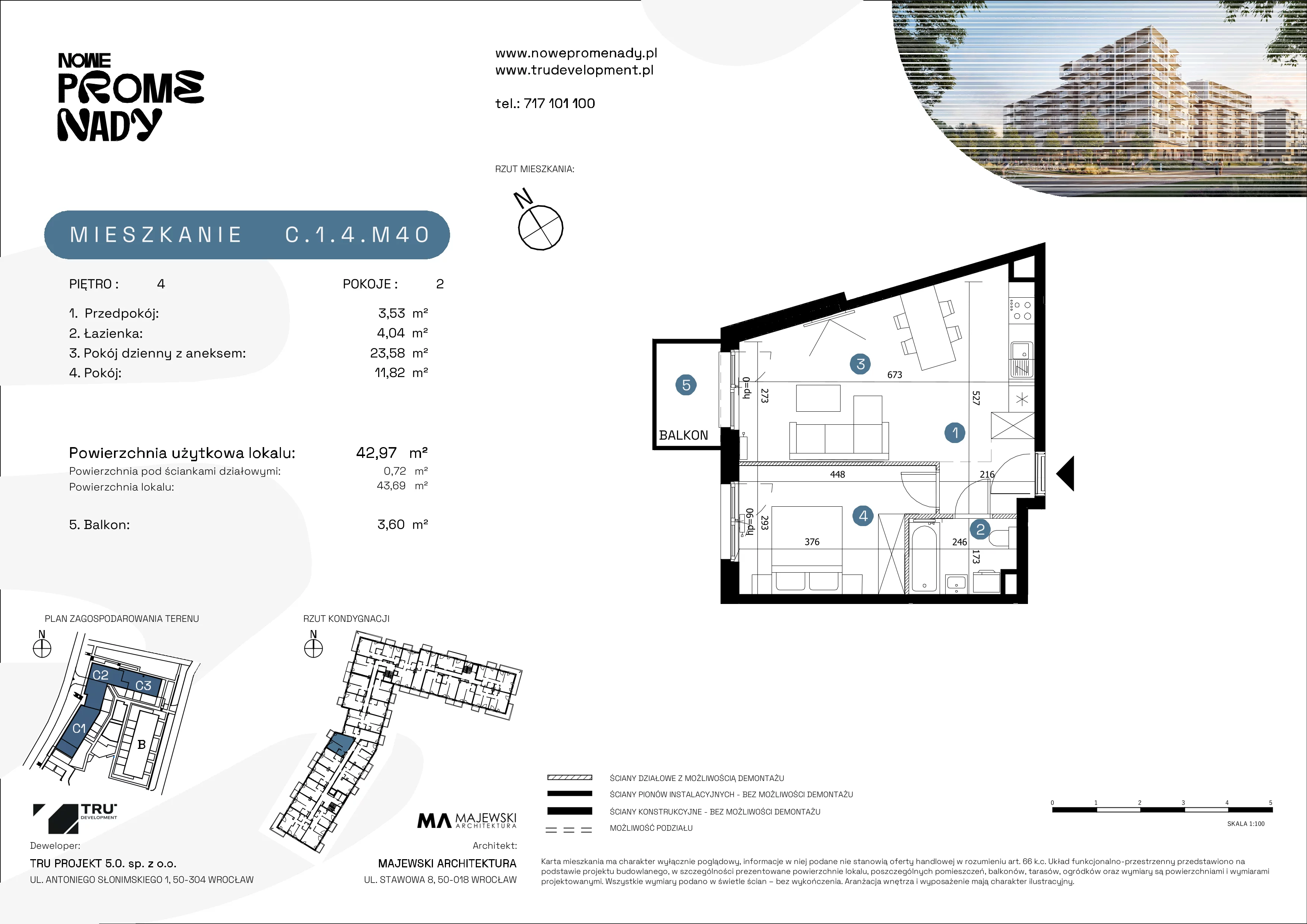 2 pokoje, mieszkanie 42,97 m², piętro 4, oferta nr C.1.4.M40, Nowe Promenady 2, Wrocław, Kleczków, Psie Pole, ul. Czesława Miłosza/Jana Czochralskiego
