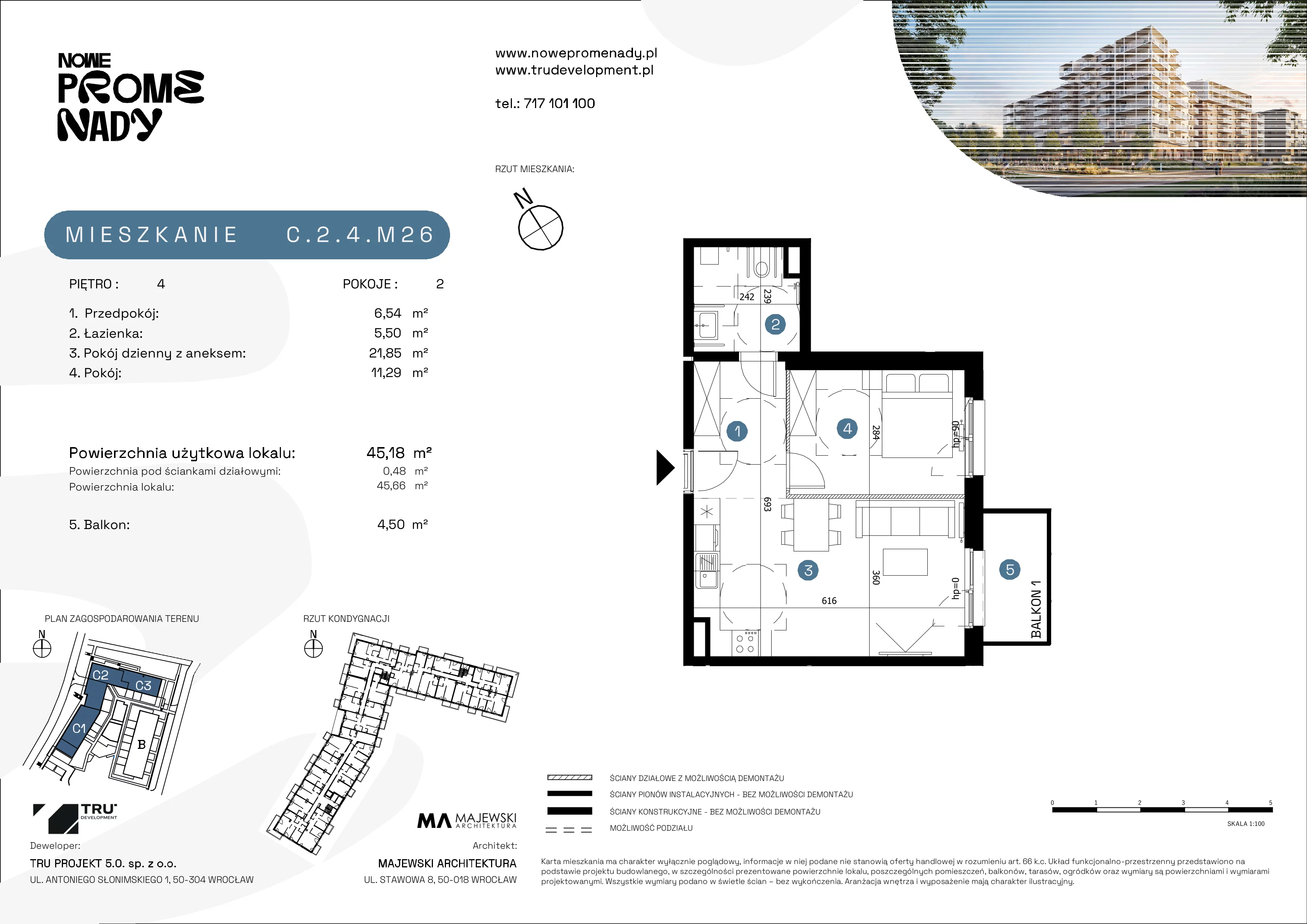 2 pokoje, mieszkanie 45,18 m², piętro 4, oferta nr C.2.4.M26, Nowe Promenady 2, Wrocław, Kleczków, Psie Pole, ul. Czesława Miłosza/Jana Czochralskiego