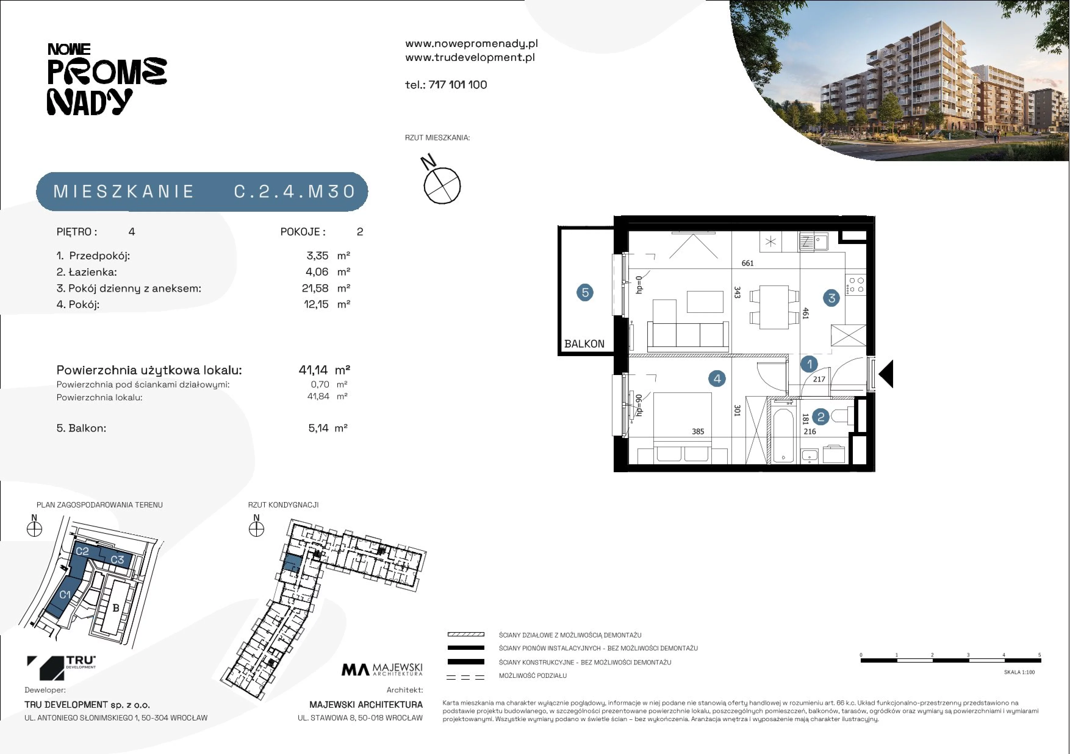 2 pokoje, mieszkanie 41,14 m², piętro 4, oferta nr C.2.4.M30, Nowe Promenady 2, Wrocław, Kleczków, Psie Pole, ul. Czesława Miłosza/Jana Czochralskiego
