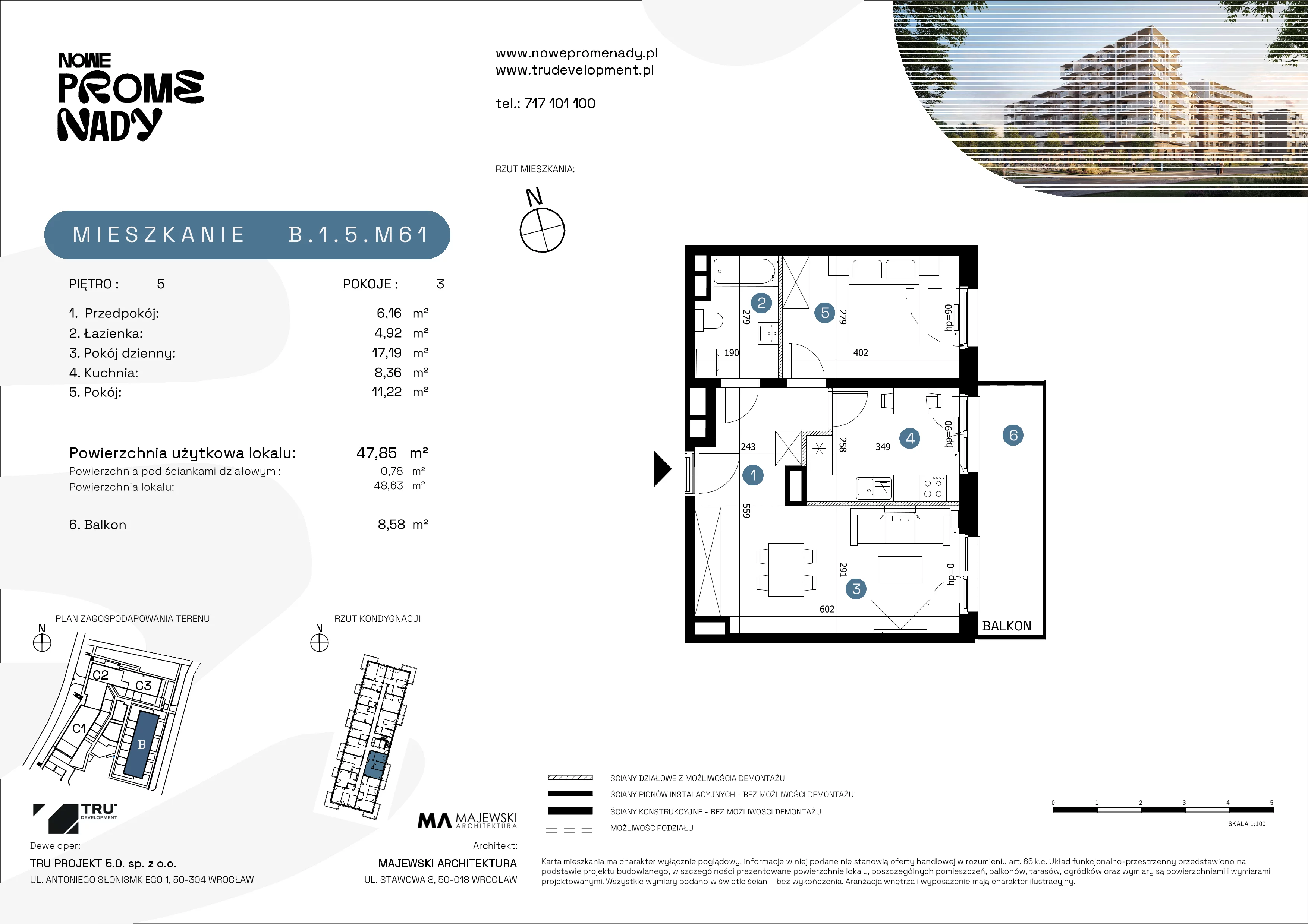 2 pokoje, mieszkanie 47,85 m², piętro 5, oferta nr B.1.5.M61, Nowe Promenady 2, Wrocław, Kleczków, Psie Pole, ul. Czesława Miłosza/Jana Czochralskiego