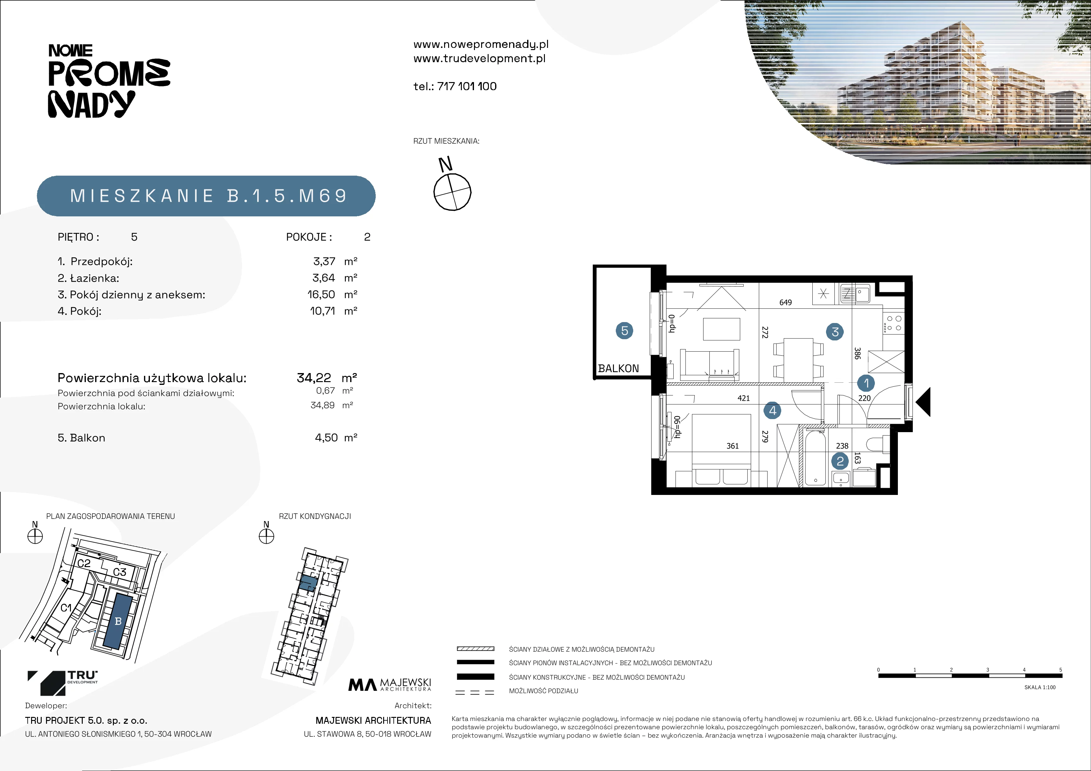 2 pokoje, mieszkanie 34,22 m², piętro 5, oferta nr B.1.5.M69, Nowe Promenady 2, Wrocław, Kleczków, Psie Pole, ul. Czesława Miłosza/Jana Czochralskiego