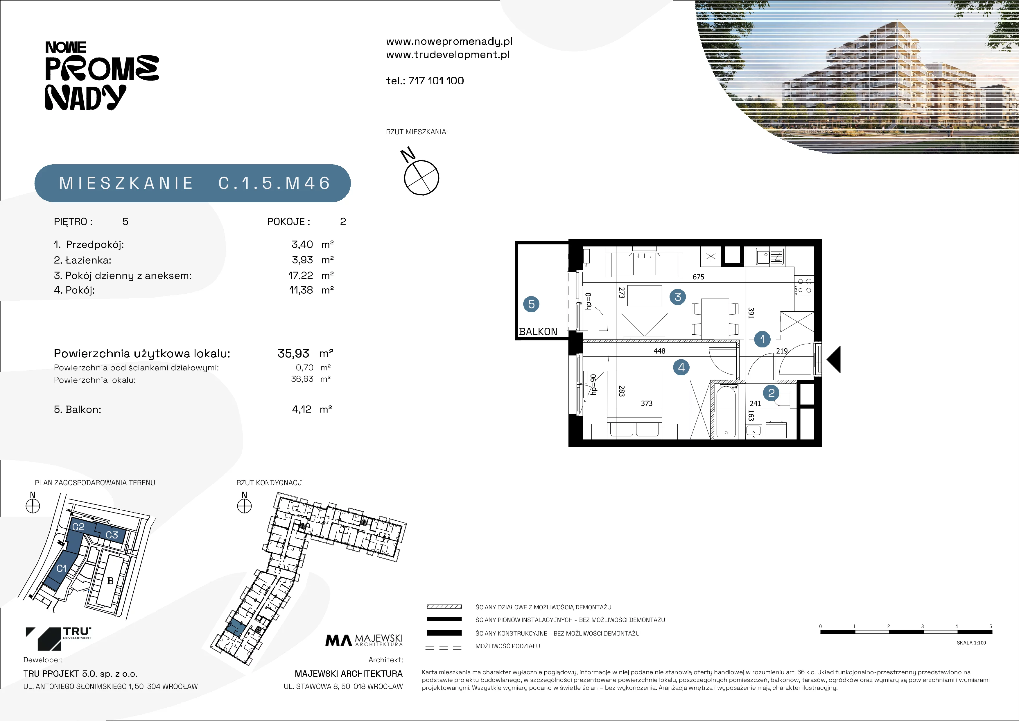 2 pokoje, mieszkanie 35,93 m², piętro 5, oferta nr C.1.5.M46, Nowe Promenady 2, Wrocław, Kleczków, Psie Pole, ul. Czesława Miłosza/Jana Czochralskiego